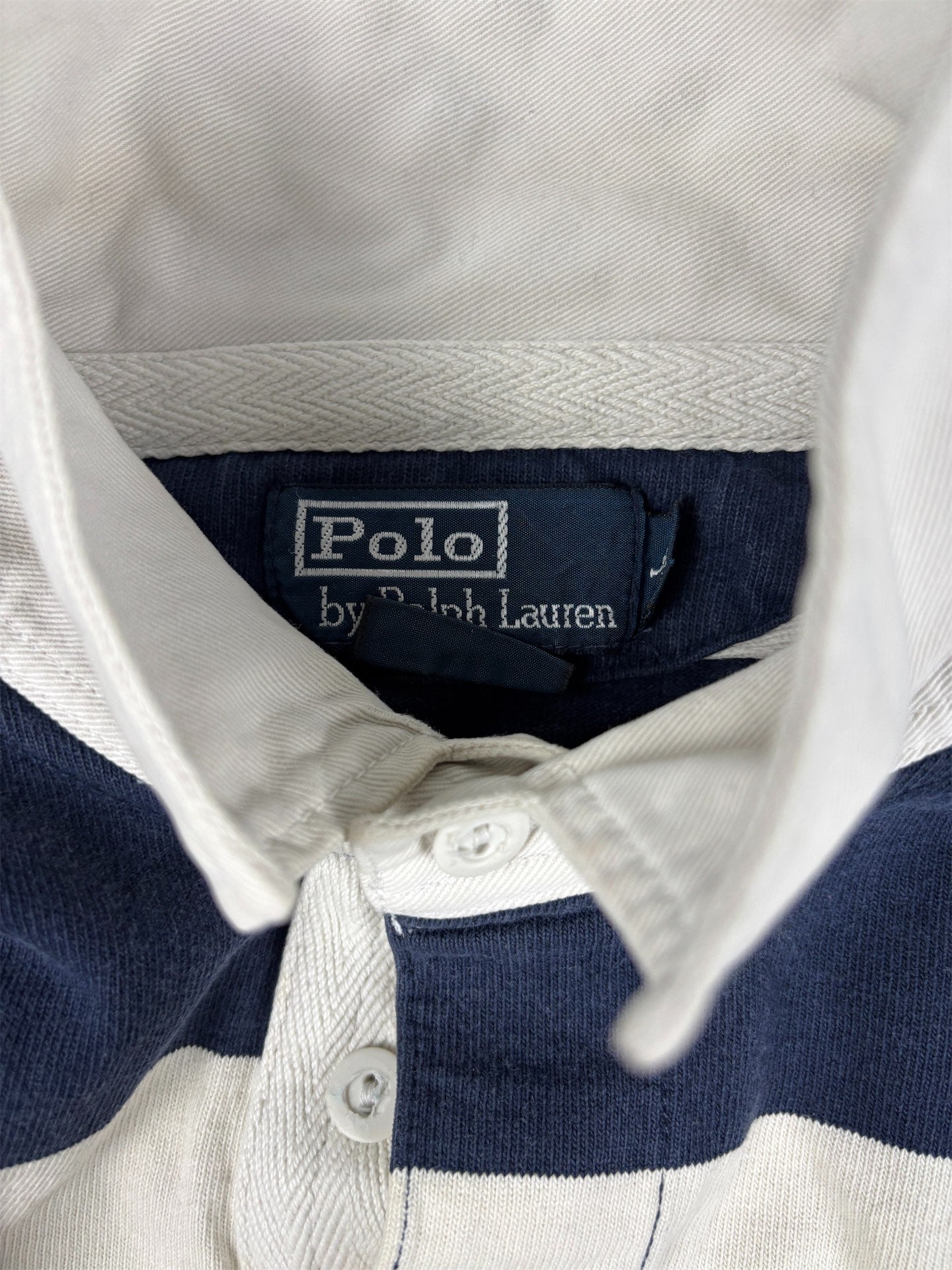 Vintage 90's Ralph Lauren Rugby Polo Men's L Blue White Striped Small Red Pony Collared