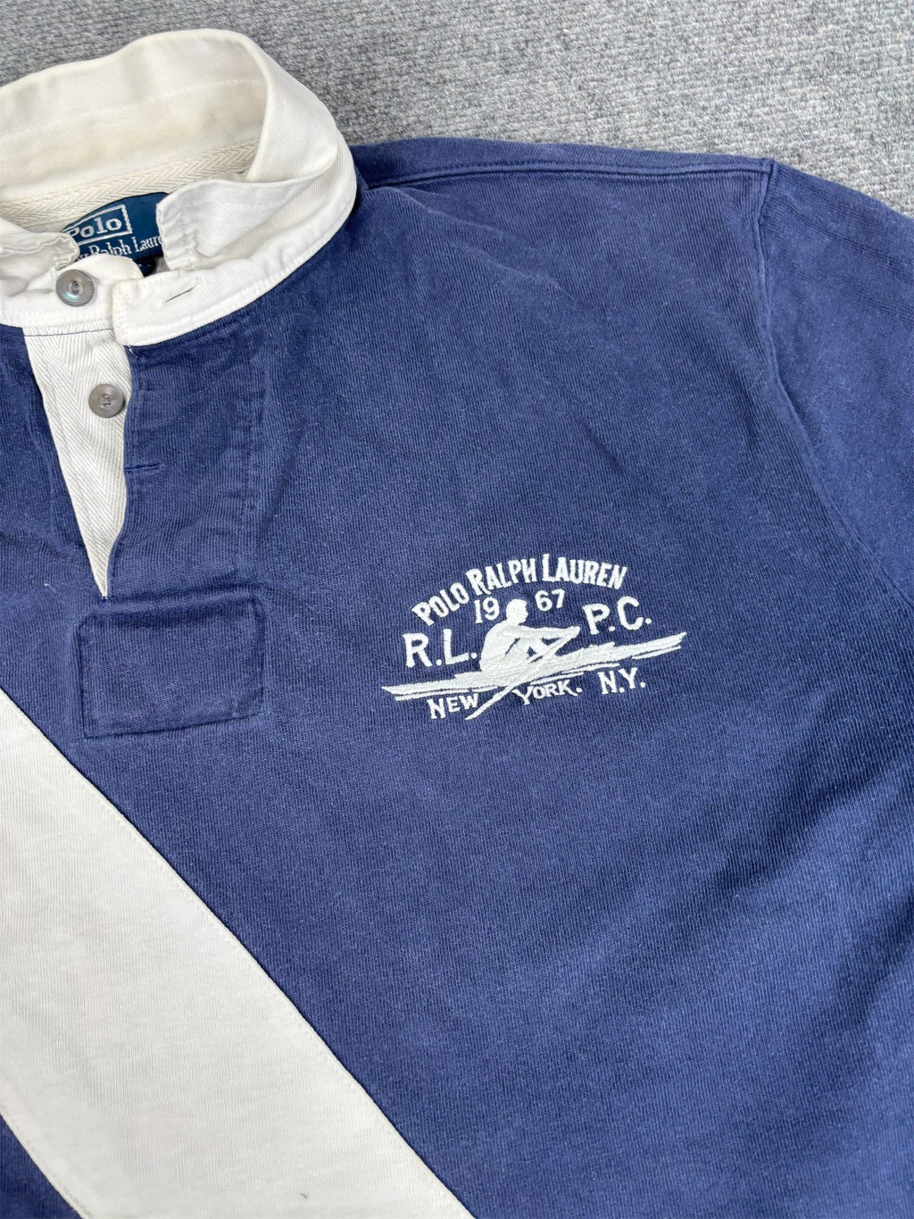 Vintage 90's Ralph Lauren Rugby Polo Men's L Navy White Stripe Rowing Club Logo Collared