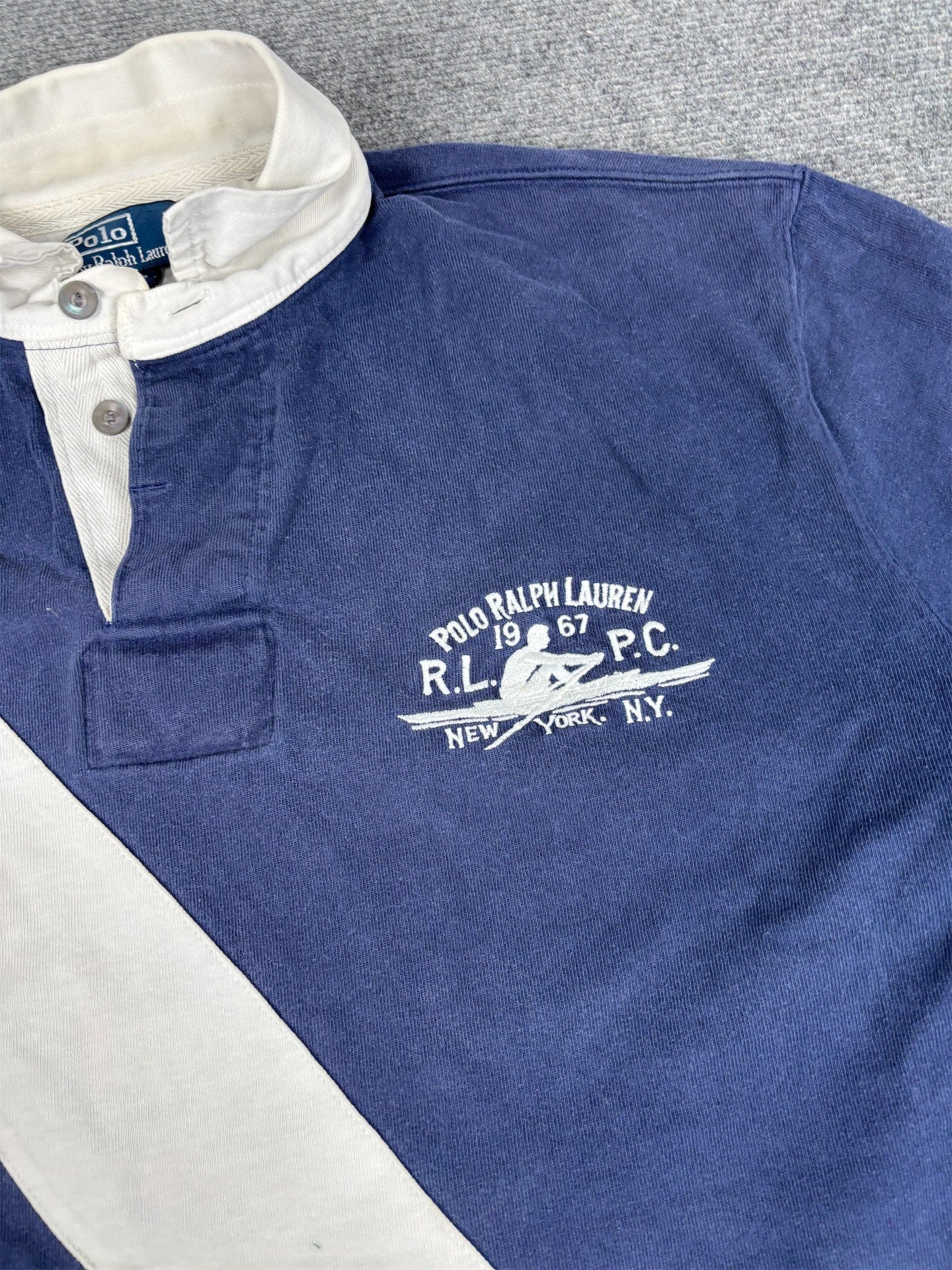 Vintage 90's Ralph Lauren Rugby Polo Men's L Navy White Stripe Rowing Club Logo Collared