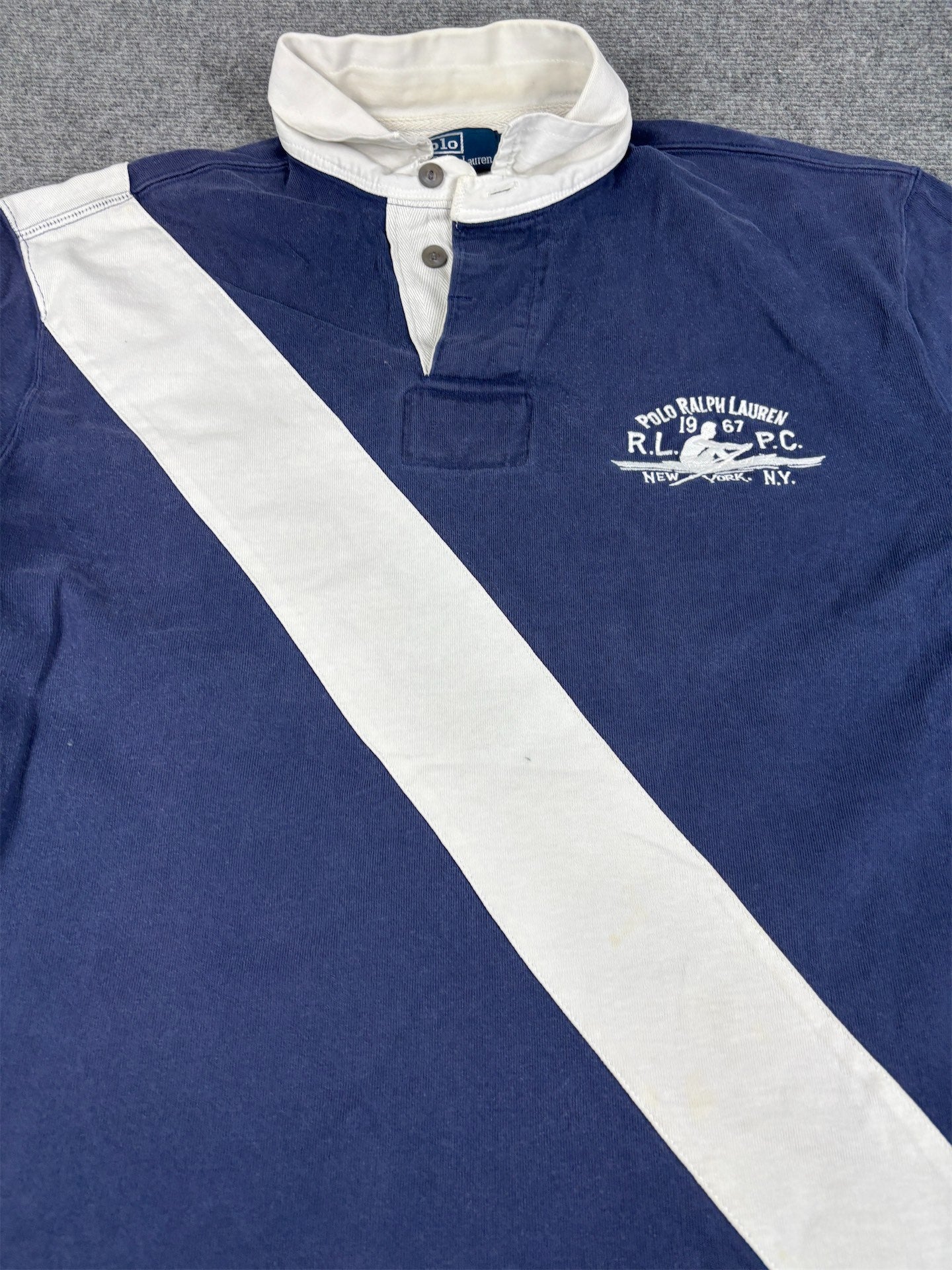 Vintage 90's Ralph Lauren Rugby Polo Men's L Navy White Stripe Rowing Club Logo Collared