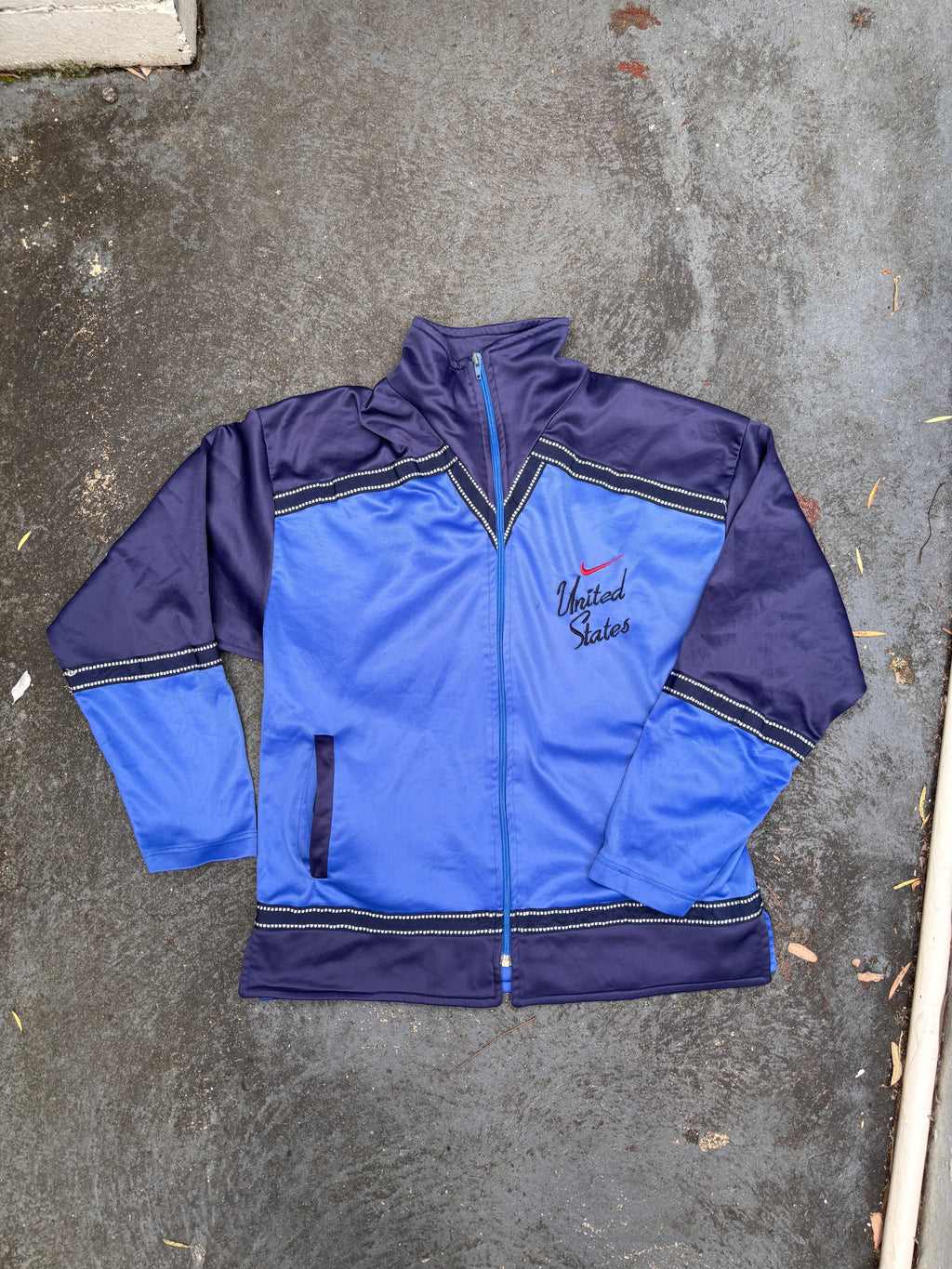Vintage 80s Nike Jacket Womens S Blue Red USA Embroidered Mock Full Zip Satin Finish