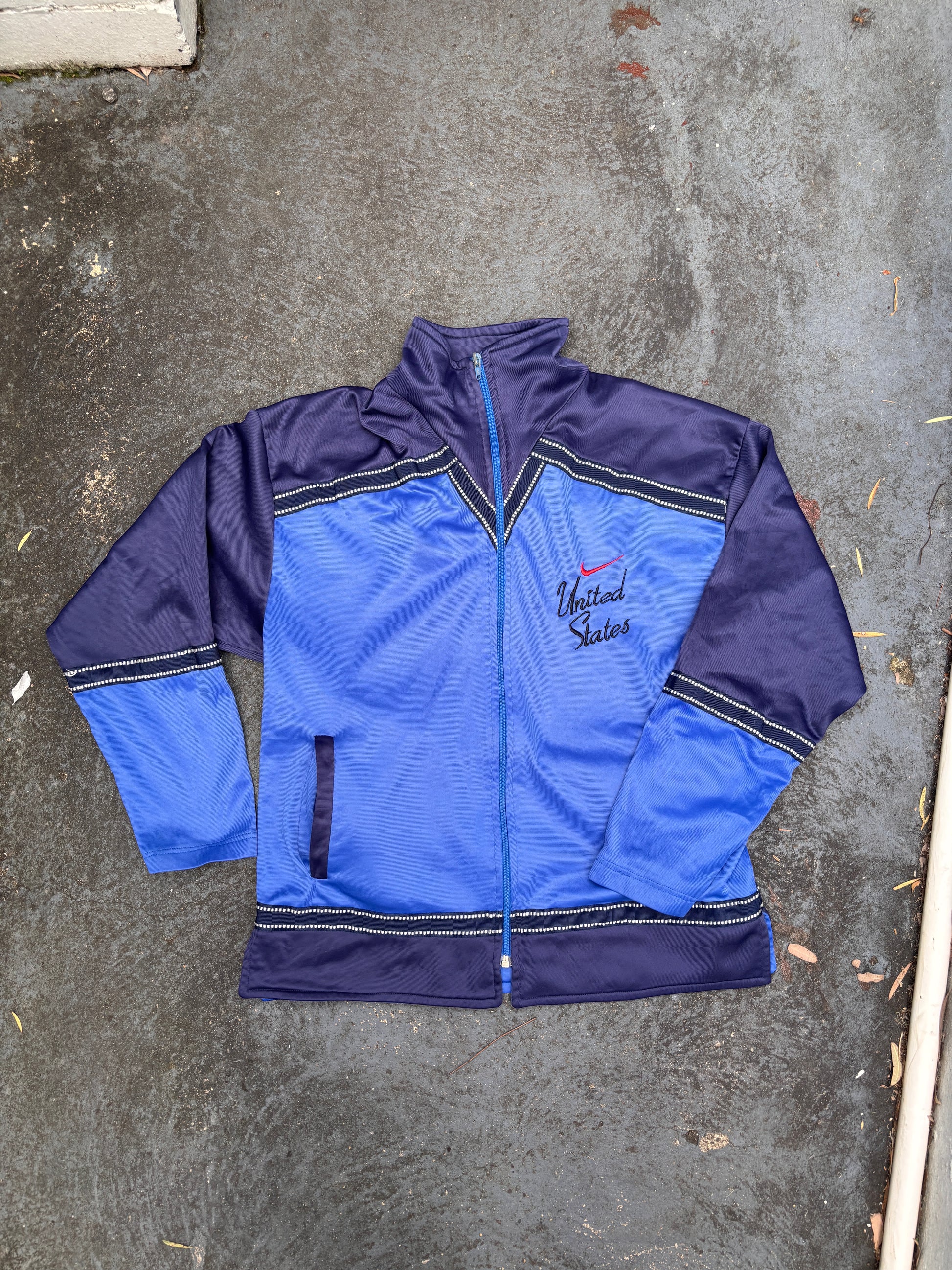 Vintage 80s Nike Jacket Womens S Blue Red USA Embroidered Mock Full Zip Satin Finish