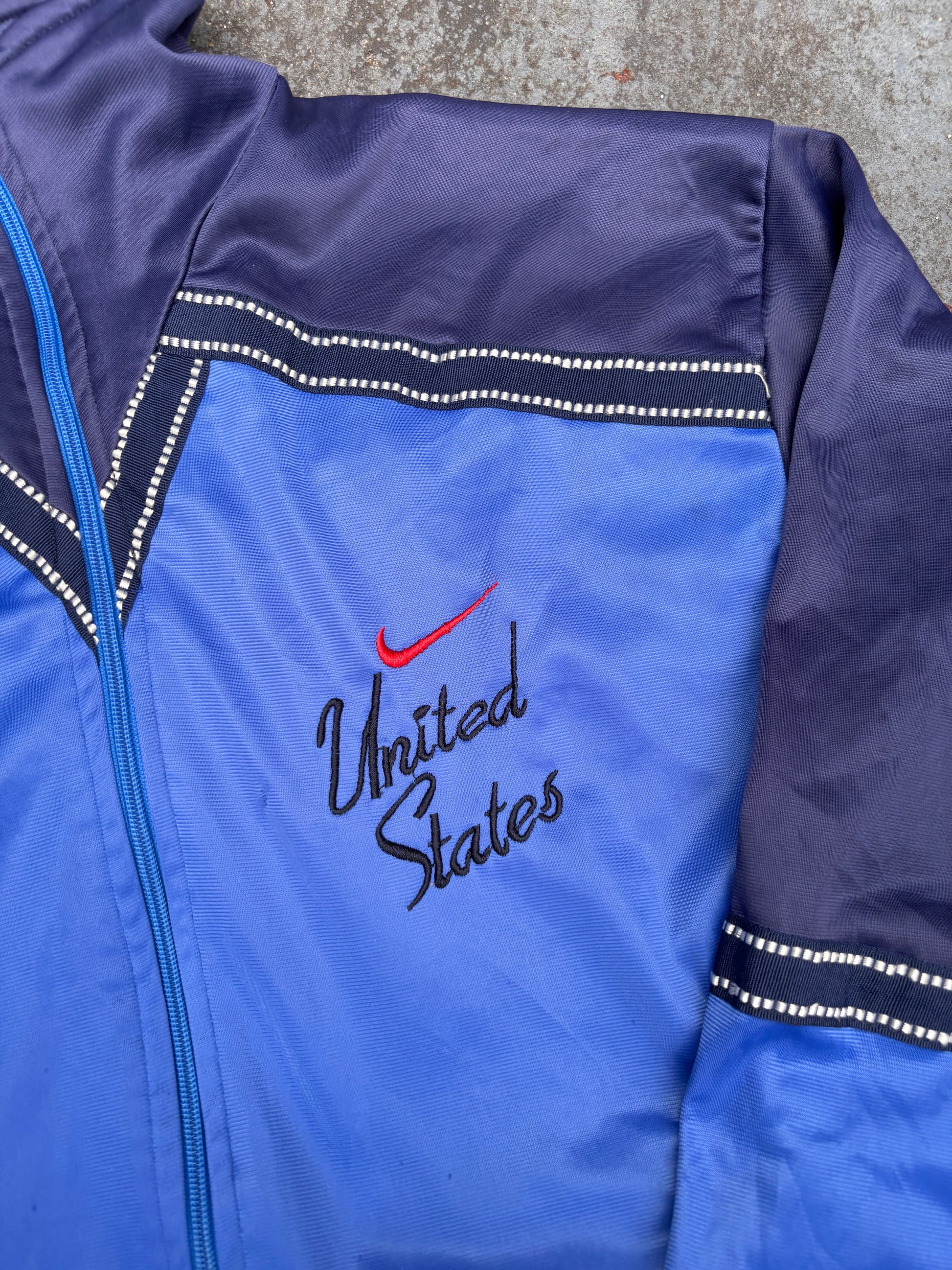 Vintage 80s Nike Jacket Womens S Blue Red USA Embroidered Mock Full Zip Satin Finish