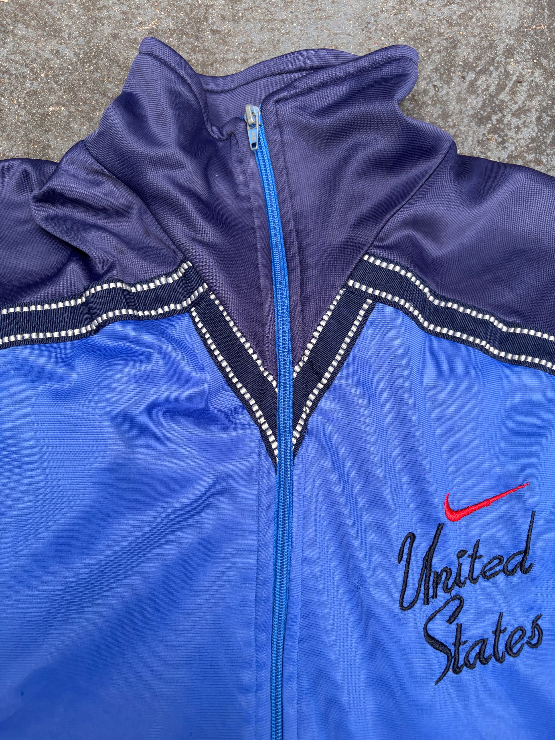 Vintage 80s Nike Jacket Womens S Blue Red USA Embroidered Mock Full Zip Satin Finish