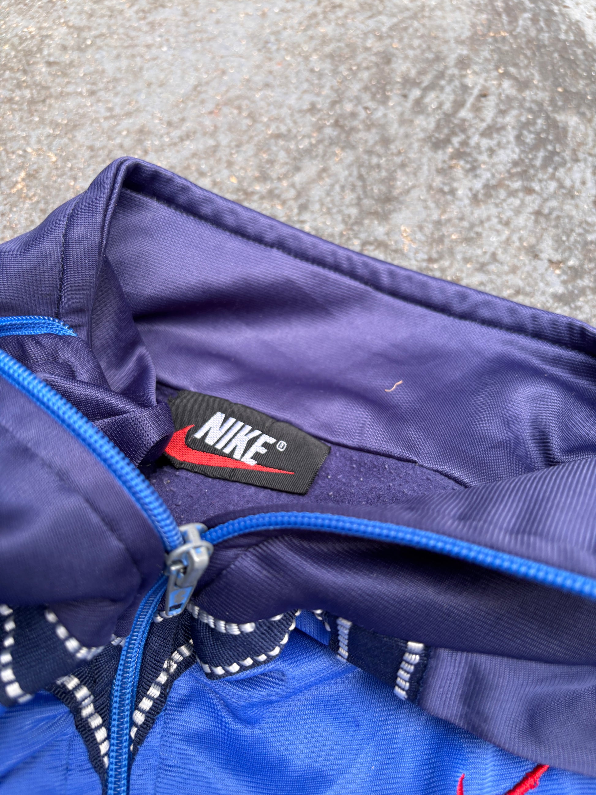 Vintage 80s Nike Jacket Womens S Blue Red USA Embroidered Mock Full Zip Satin Finish