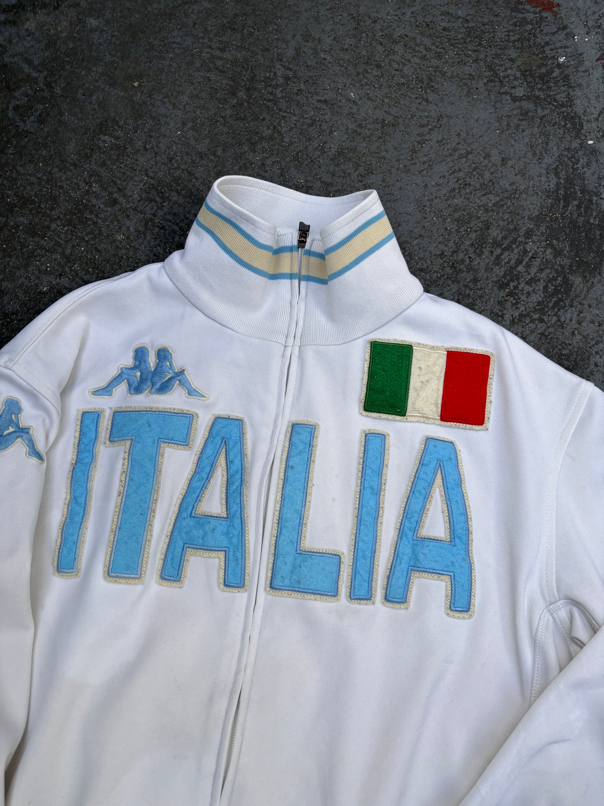 Vintage Y2K Italy Kappa Jacket Size S White Blue Football Embroidered Logo Full Zip