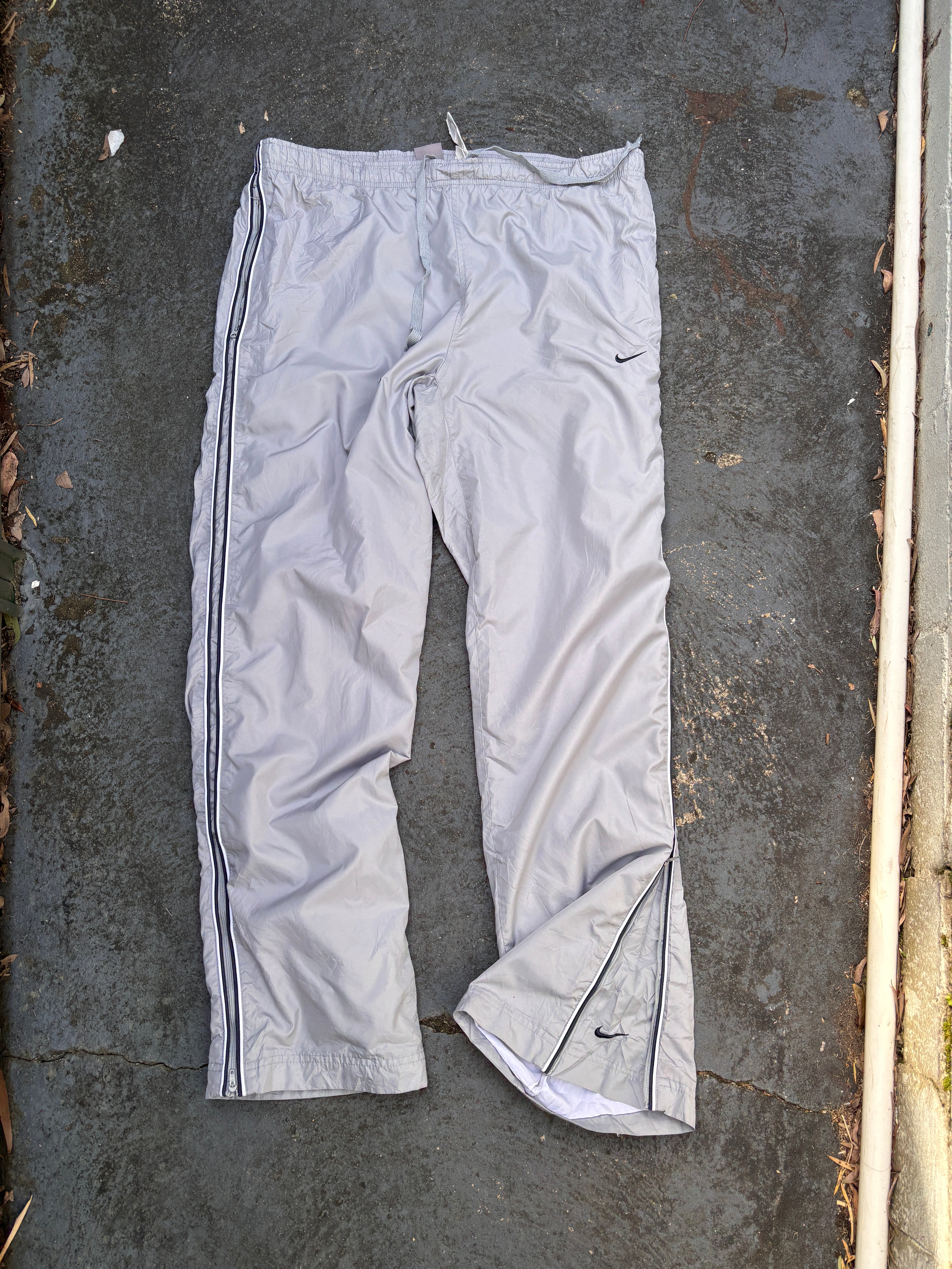 Vintage Y2K Nike Track Pants L Grey White & Blue Piping Wide Leg