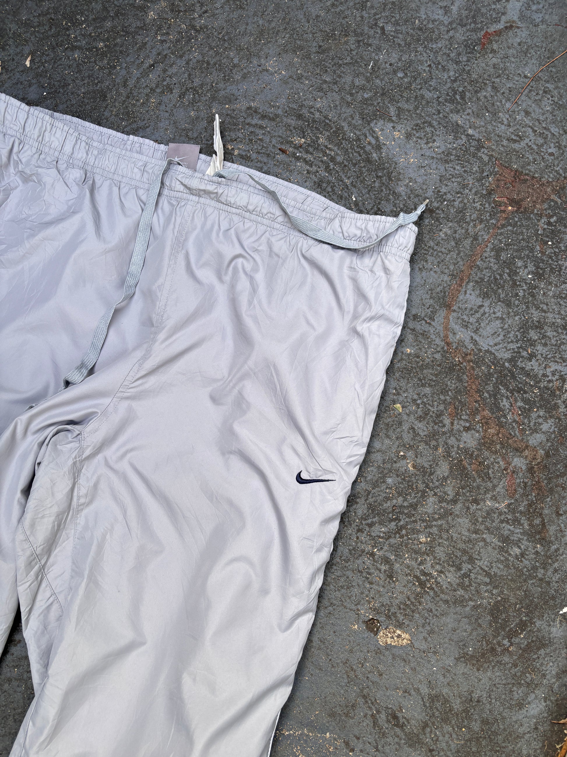 Vintage Y2K Nike Track Pants L Grey White & Blue Piping Wide Leg Nylon Windbreaker