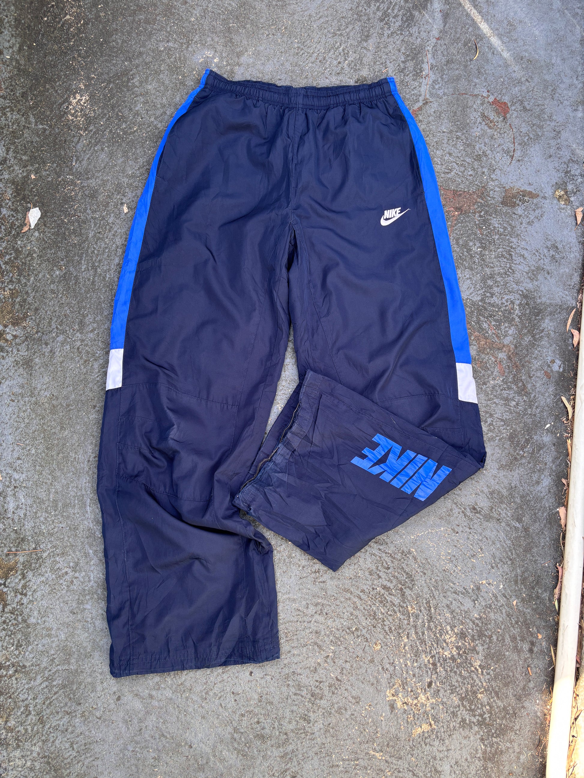 Vintage Y2K Nike Track Pants Small Navy Blue Detail Spell Out Logo Wide Leg Bungee