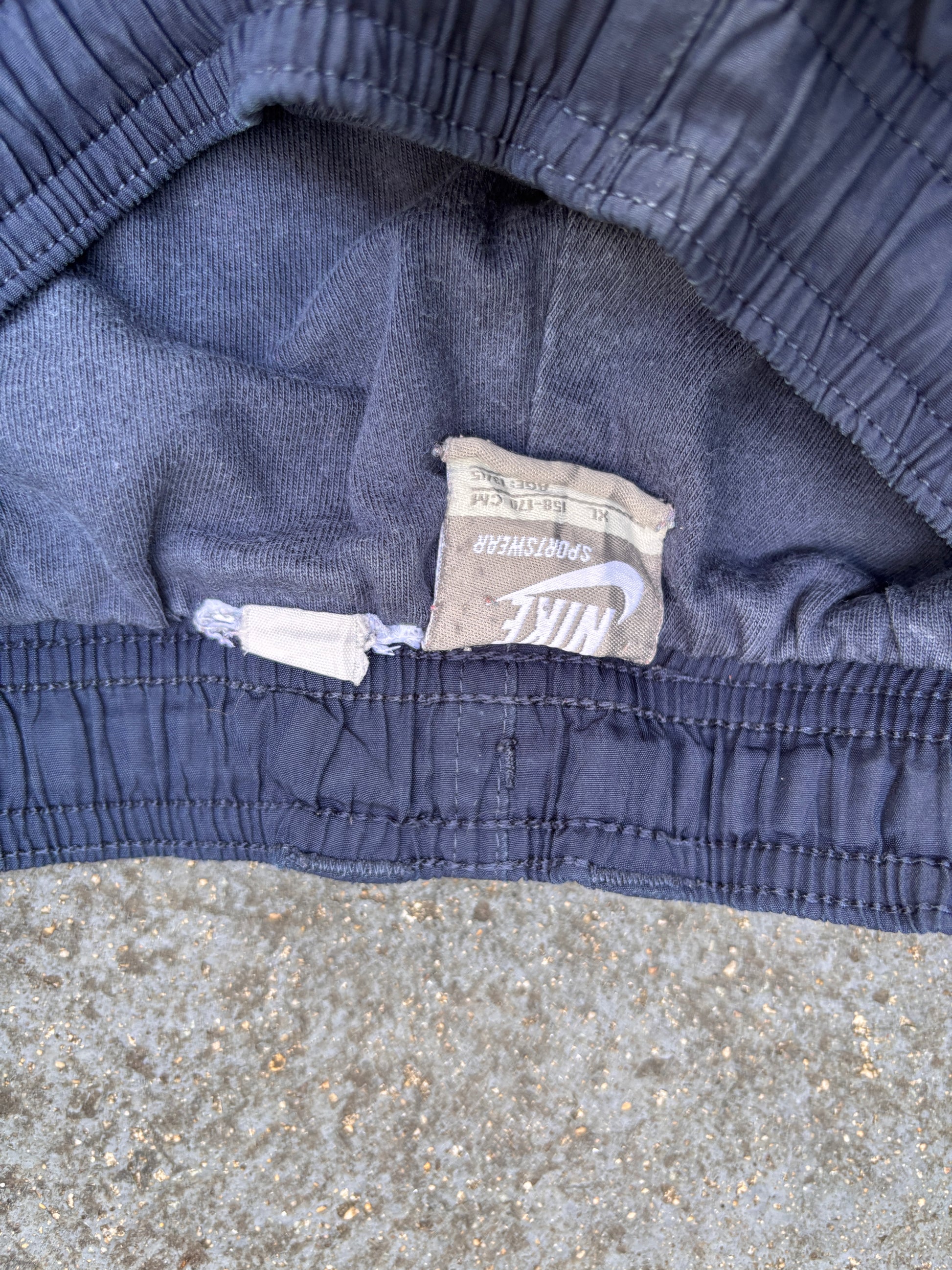 Vintage Y2K Nike Track Pants Small Navy Blue Detail Spell Out Logo Wide Leg Bungee