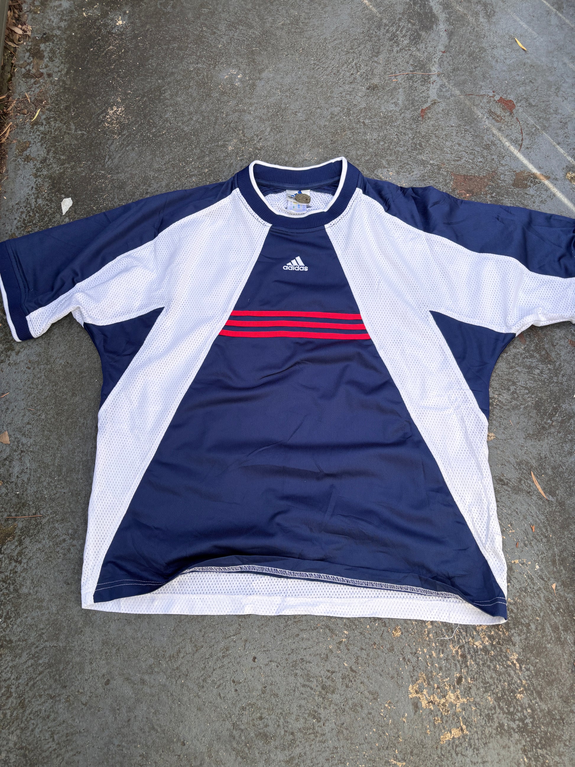 Vintage 90s Adidas Jersey Size L Blue White Mesh Football 3 Stripe Center Logo