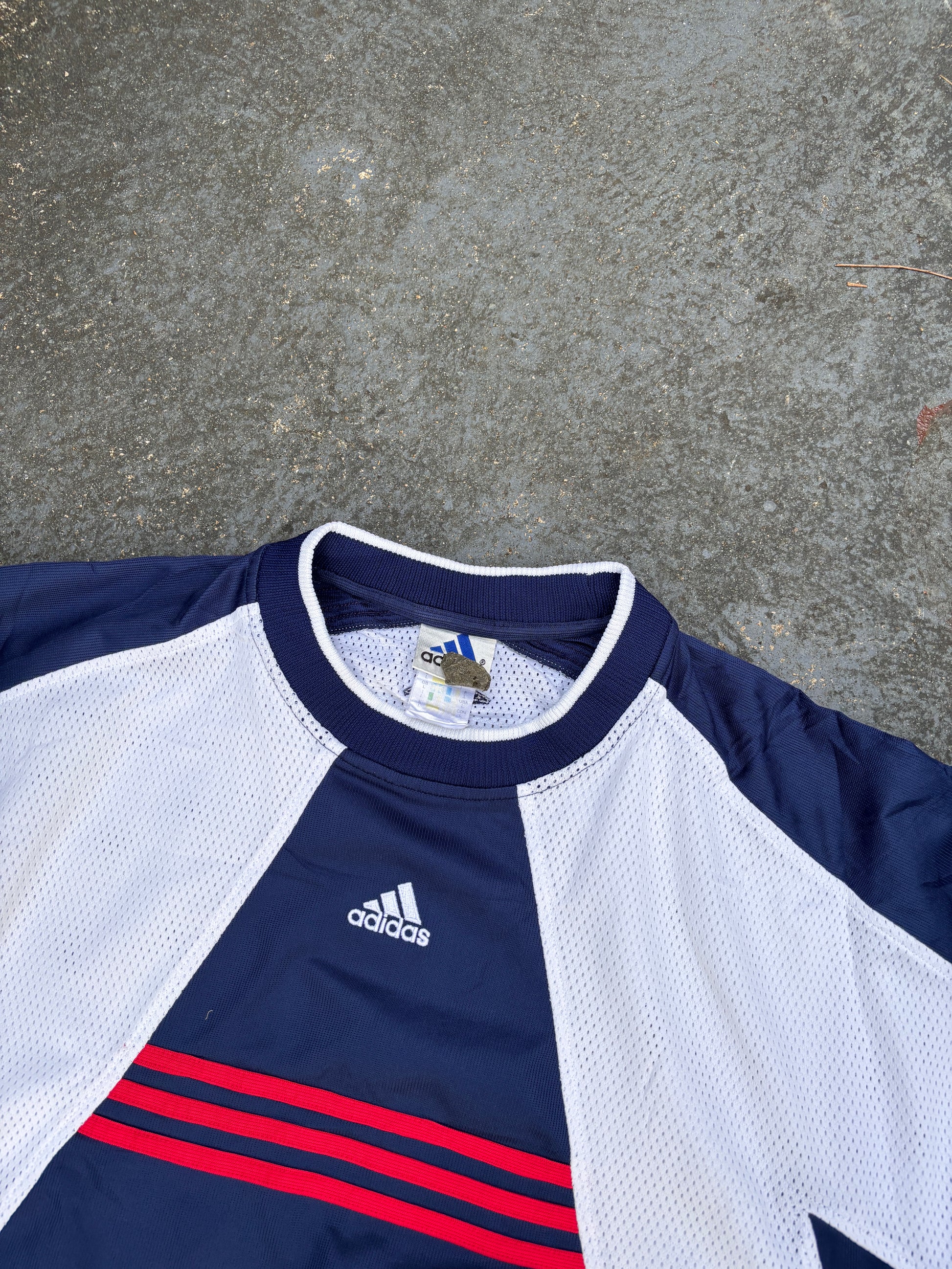 Vintage 90s Adidas Jersey Size L Blue White Mesh Football 3 Stripe Center Logo