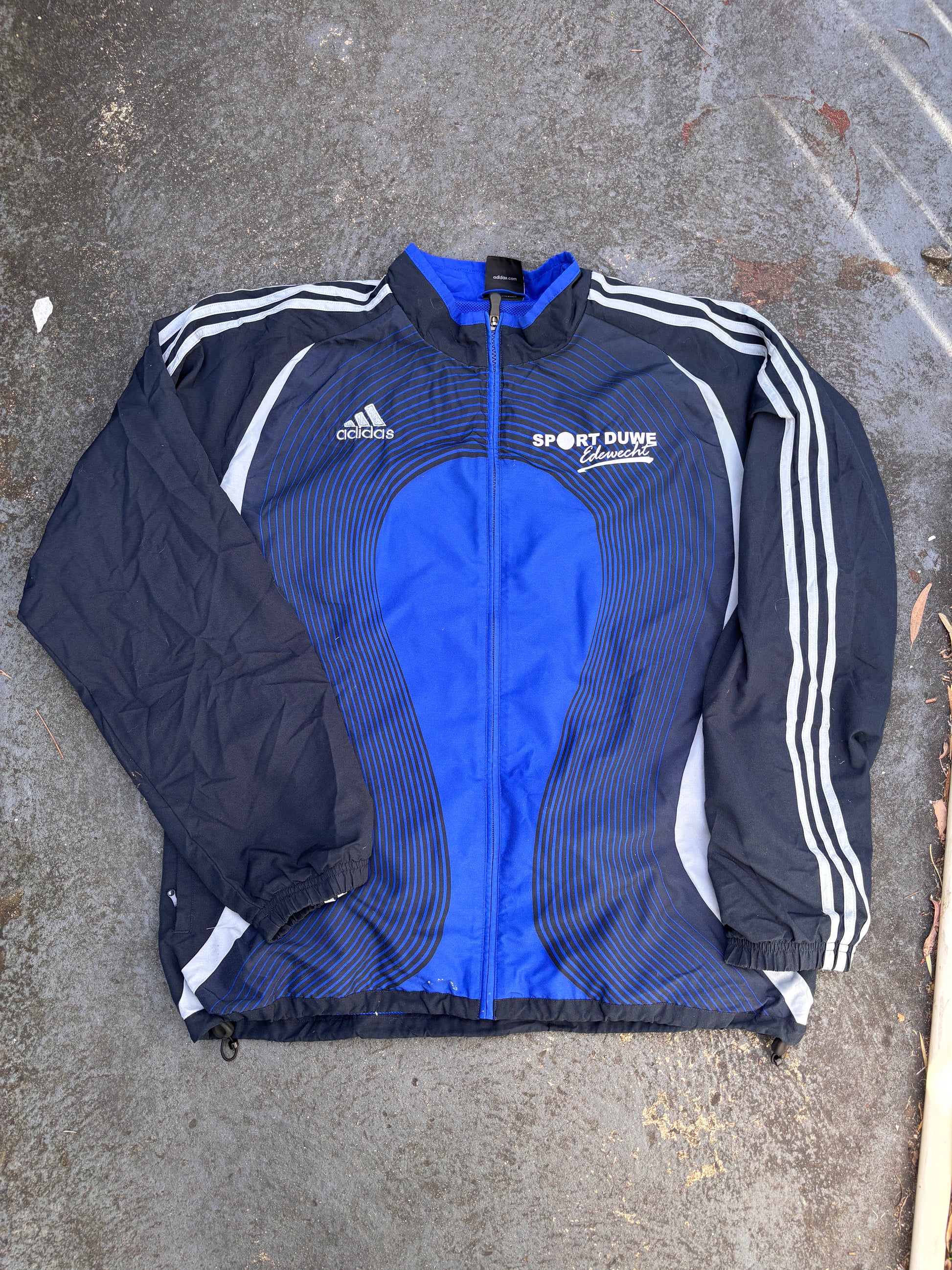 Vintage Y2K Adidas Football Jacket L Blue Black Detail Chest Logo 3-Stripes Full Zip