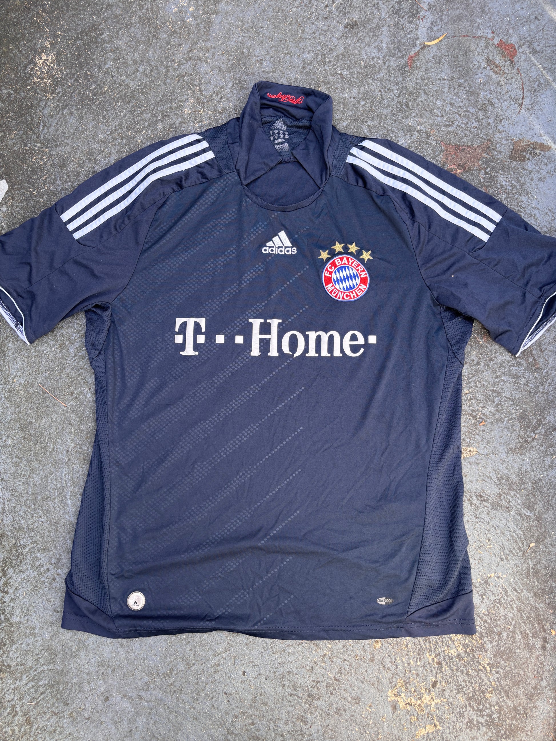 Vintage Y2K Adidas Bayern Munich Jersey Size L Navy Chest Logos Back Spell Out