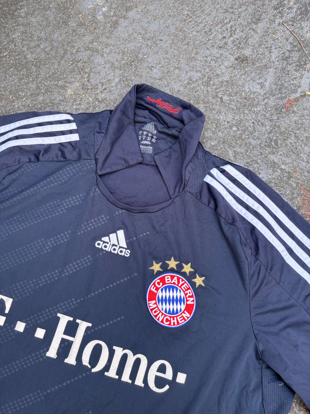 Vintage Y2K Adidas Bayern Munich Jersey Size L Navy Chest Logos Back Spell Out