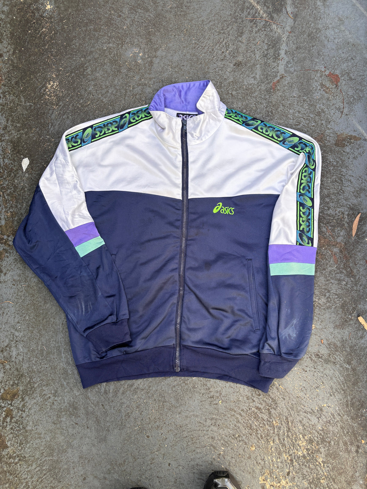 Vintage 90s ASICS Jacket Size M White Navy Chest Logo + Spell Out Tape Full Zip