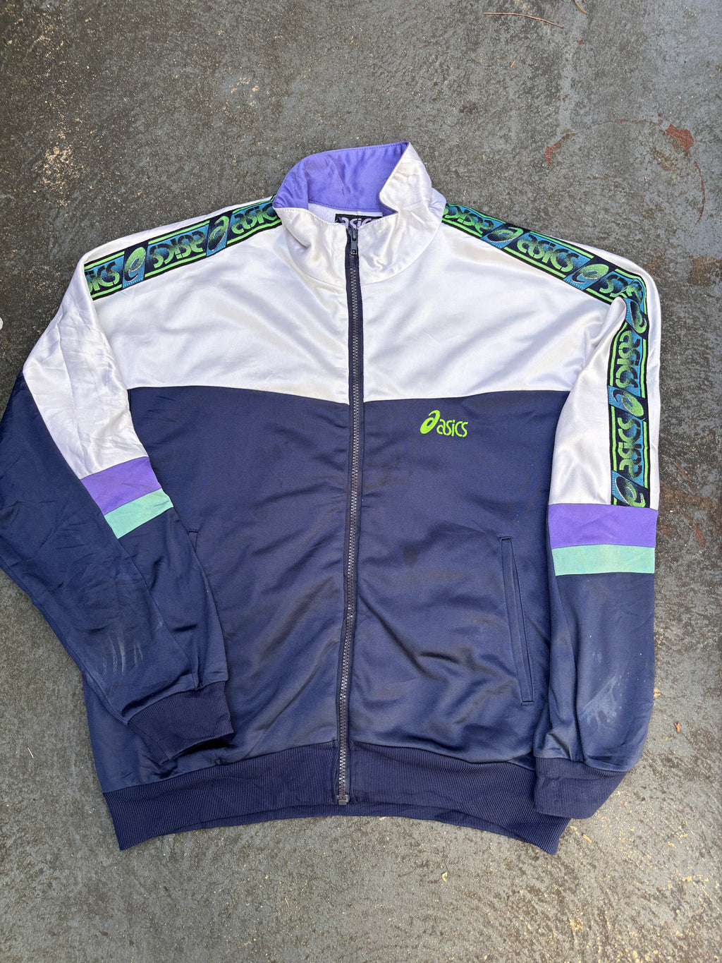 Vintage 90s ASICS Jacket Size M White Navy Chest Logo + Spell Out Tape Full Zip