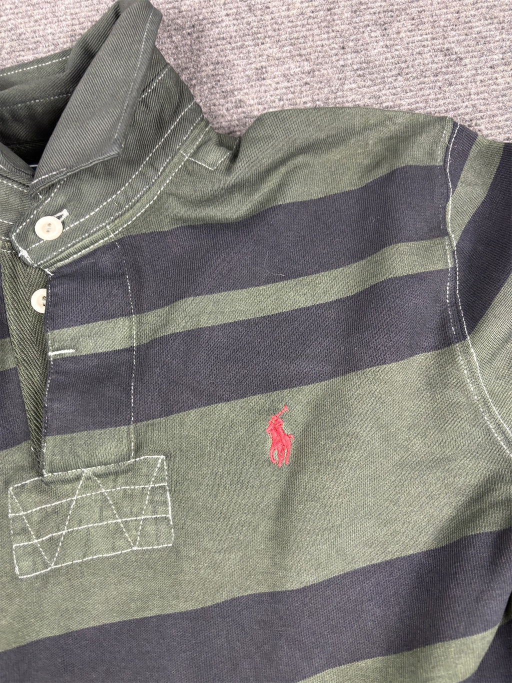 Vintage Y2K Ralph Lauren Rugby Polo Men's M Dark Green Navy Striped Small pony Collared