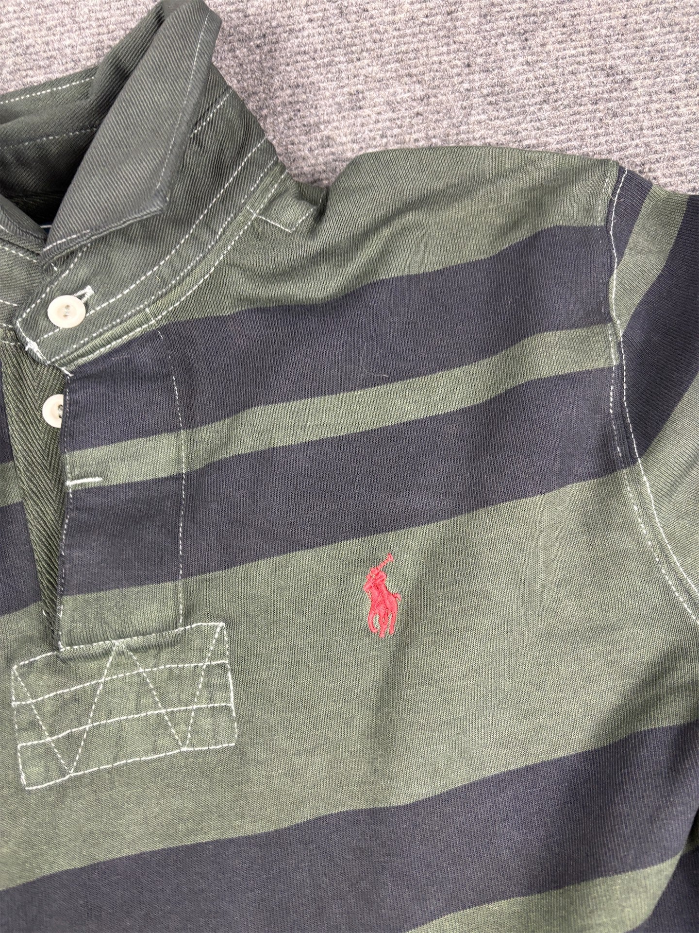 Vintage Y2K Ralph Lauren Rugby Polo Men's M Dark Green Navy Striped Small pony Collared