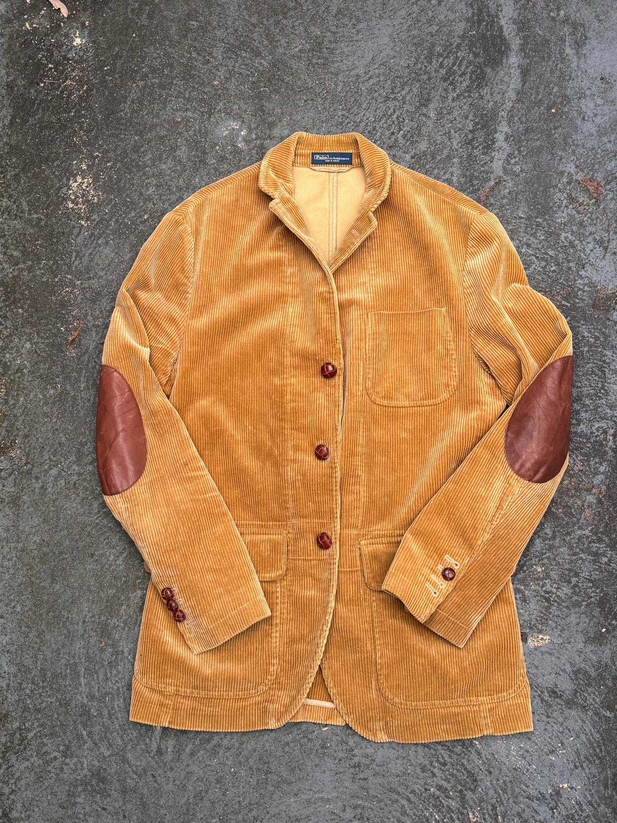 Vintage 90s Polo Ralph Lauren Corduroy Jacket Size M Brown Front Pockets Leather Patches
