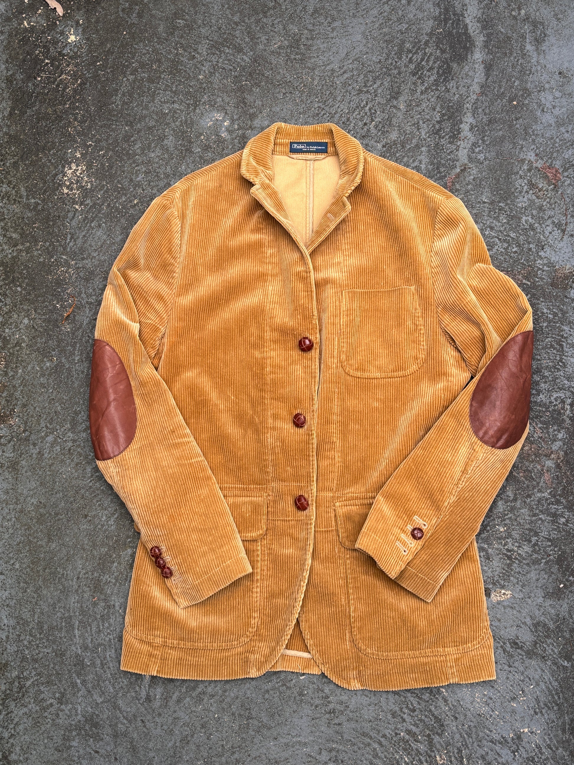 Vintage 90s Polo Ralph Lauren Corduroy Jacket Size M Brown Front Pockets Leather Patches