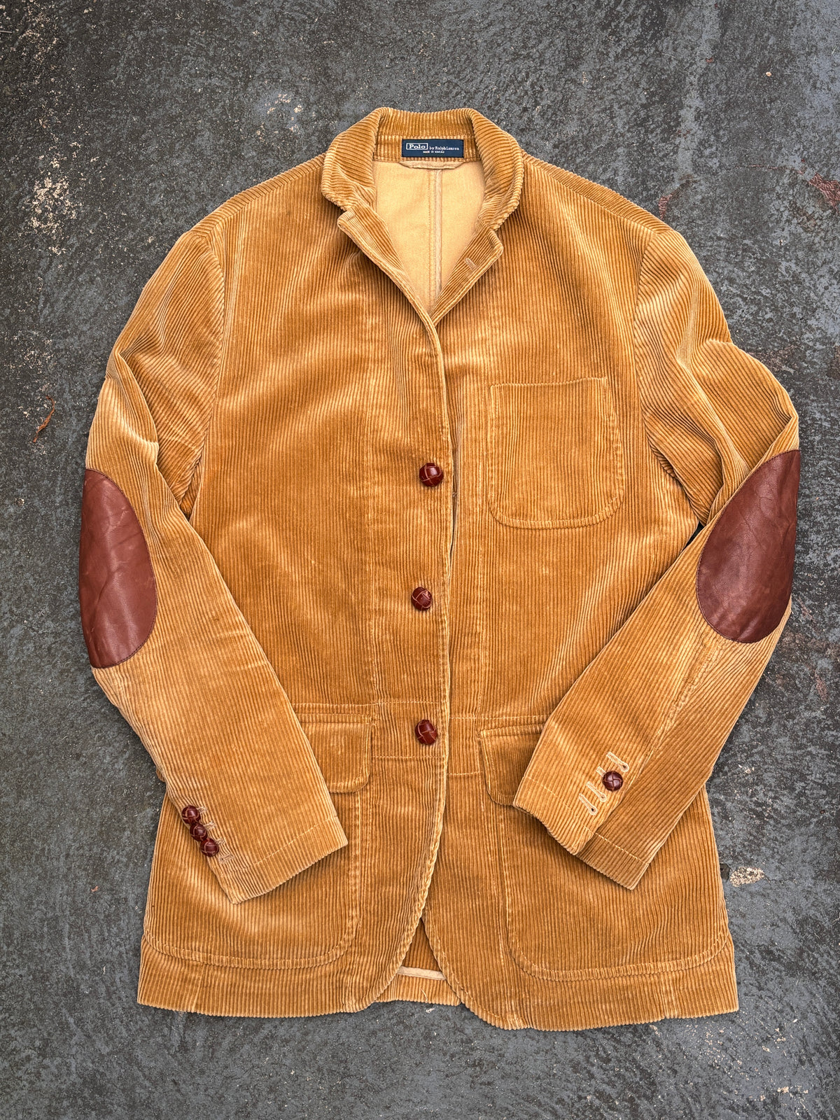 Vintage 90s Polo Ralph Lauren Corduroy Jacket Size M Brown Front Pockets Leather Patches