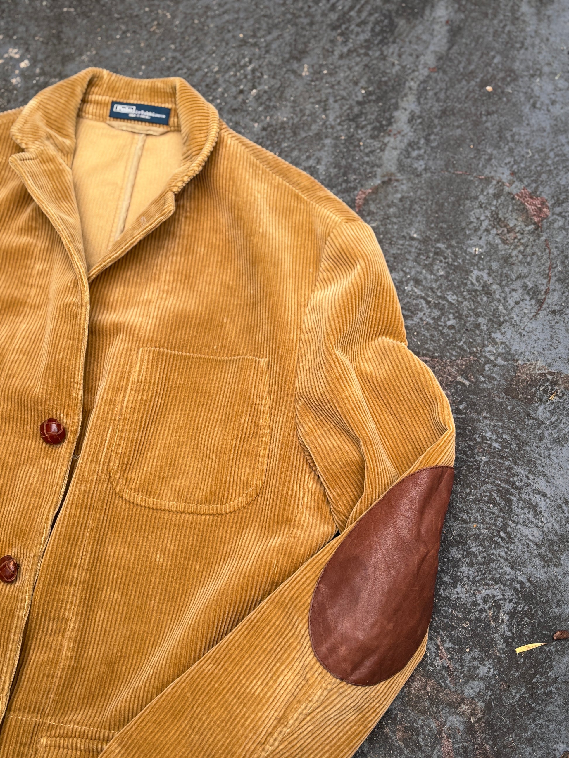 Vintage 90s Polo Ralph Lauren Corduroy Jacket Size M Brown Front Pockets Leather Patches