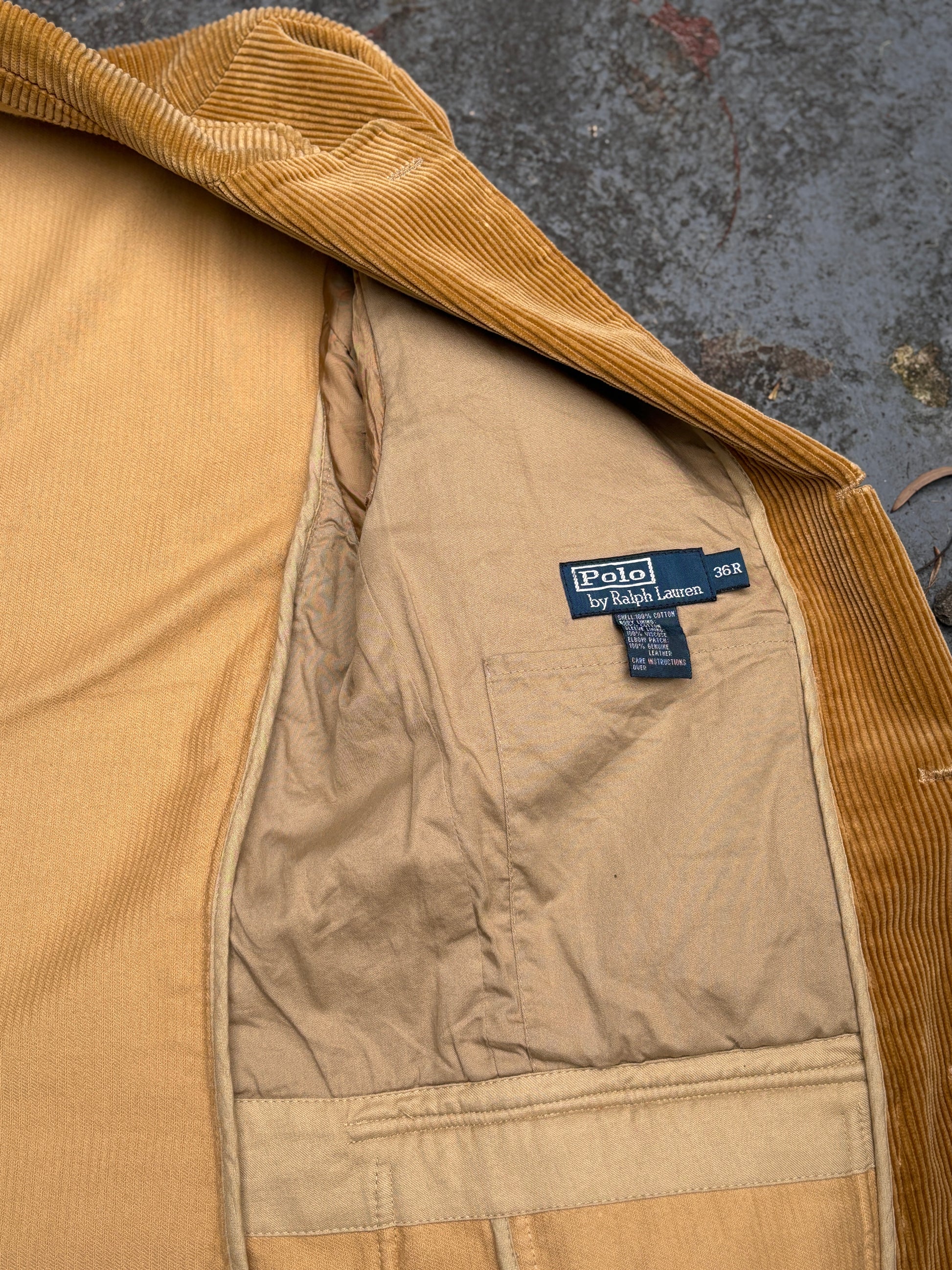 Vintage 90s Polo Ralph Lauren Corduroy Jacket Size M Brown Front Pockets Leather Patches