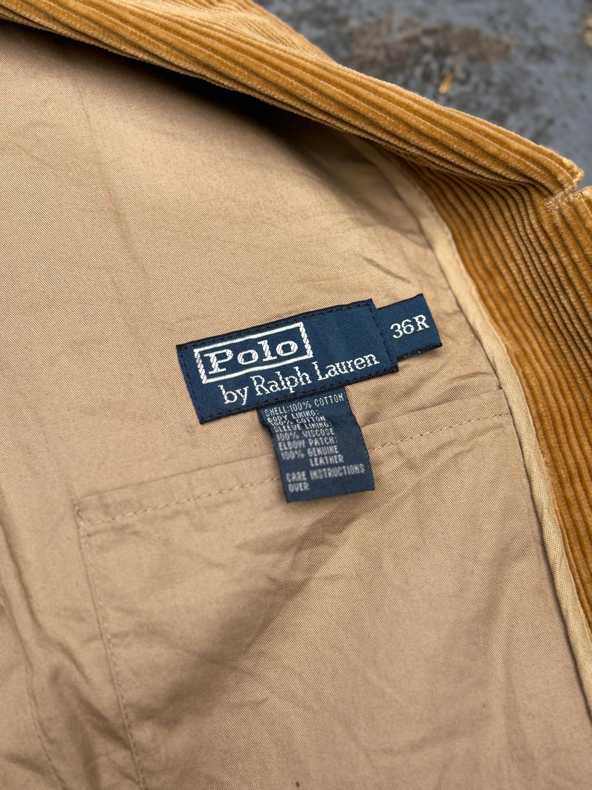 Vintage 90s Polo Ralph Lauren Corduroy Jacket Size M Brown Front Pockets Leather Patches