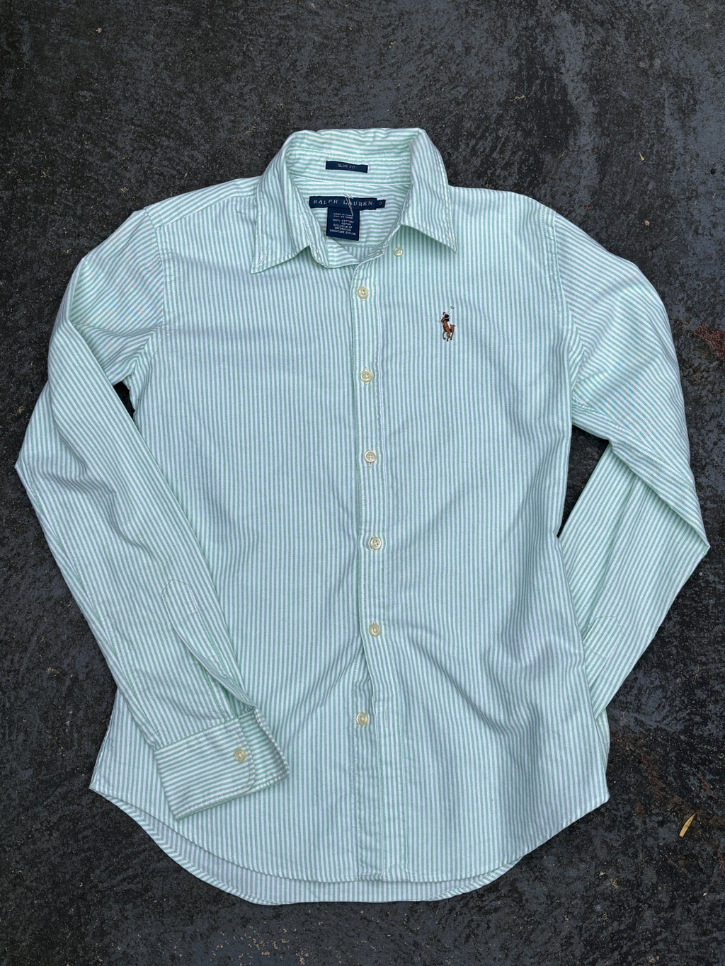 Ralph Lauren Shirt Womens S Green White Stripe Colour Pony Cotton Button Up