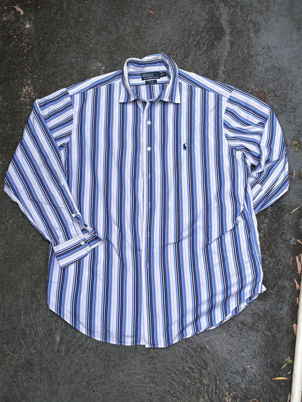 Vintage 90s Ralph Lauren Shirt XL Blue/White Two-Tone Down Stripe Navy Pony