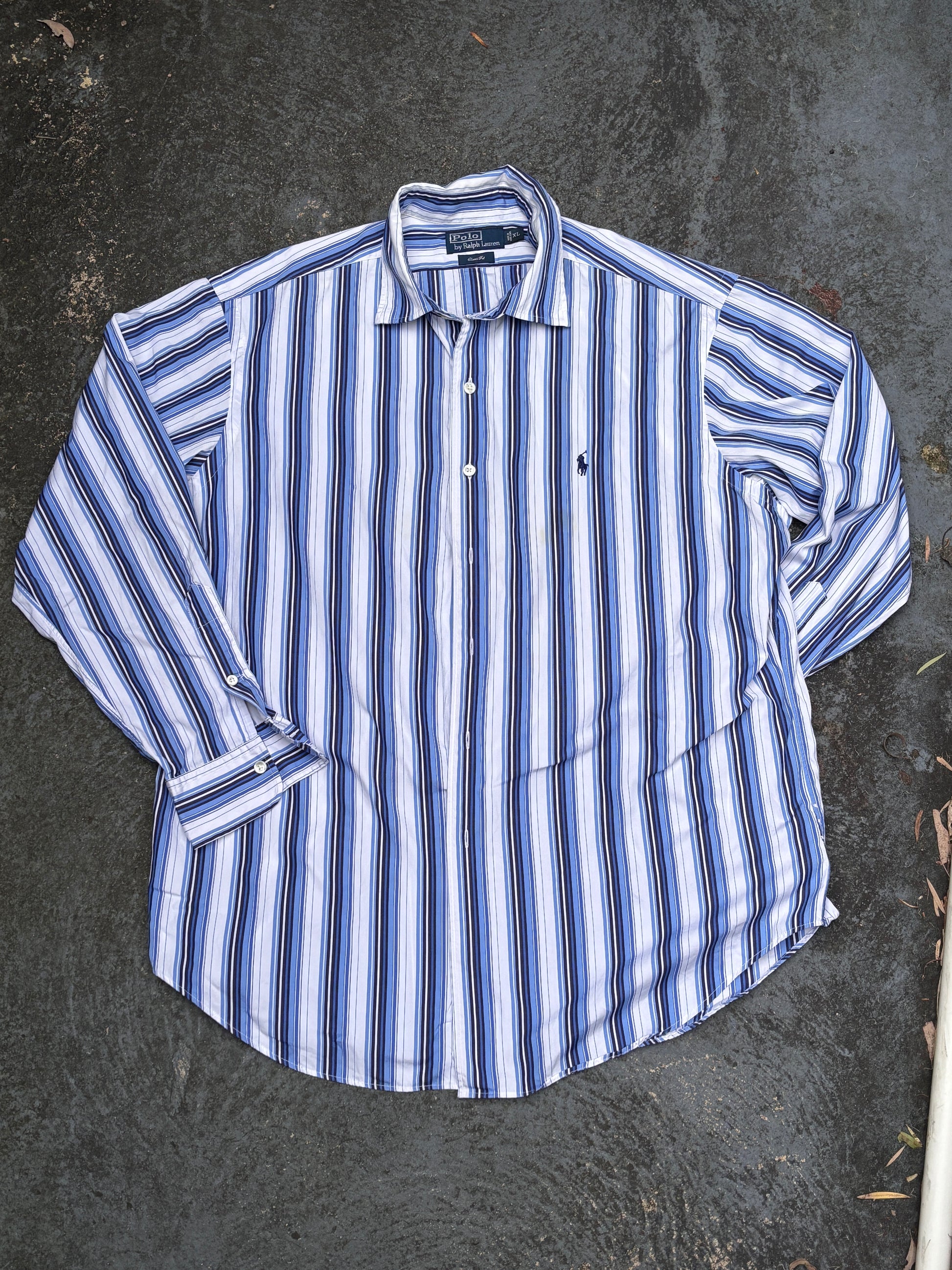 Vintage 90s Ralph Lauren Shirt XL Blue/White Two-Tone Down Stripe Navy Pony