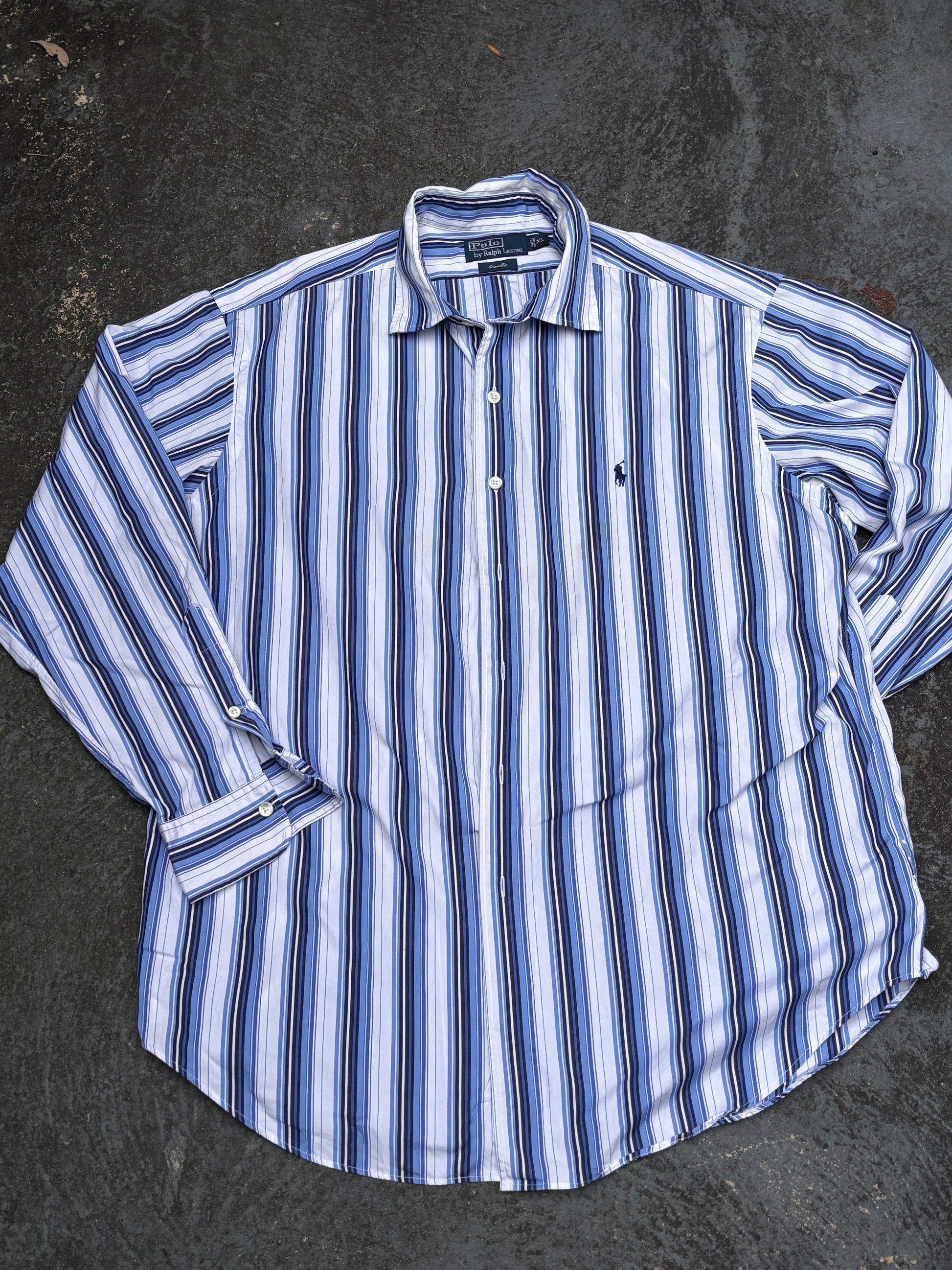 Vintage 90s Ralph Lauren Shirt XL Blue/White Two-Tone Down Stripe Navy Pony