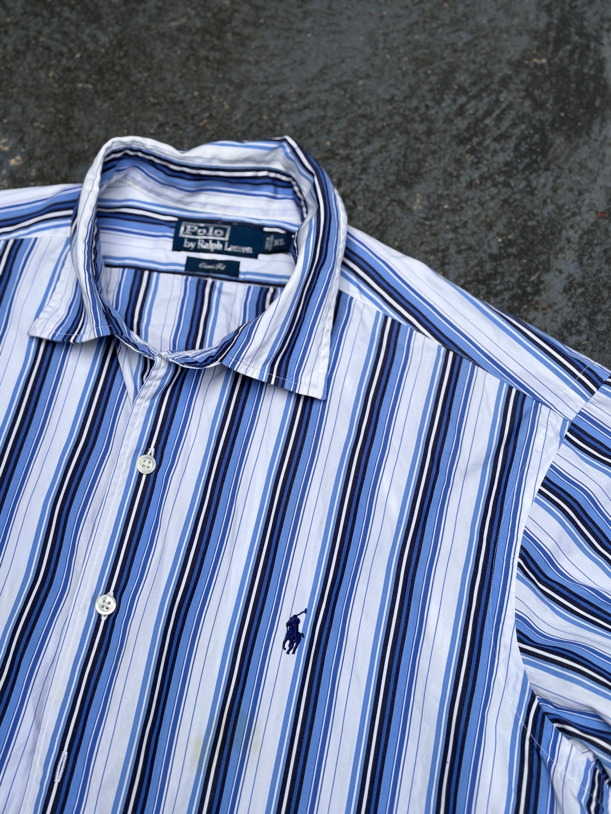 Vintage 90s Ralph Lauren Shirt XL Blue/White Two-Tone Down Stripe Navy Pony