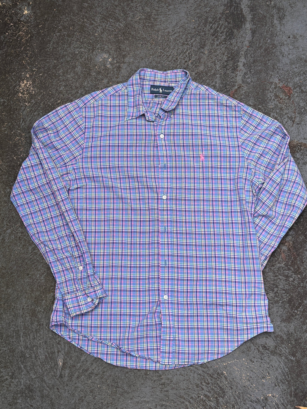 Vintage 90s Ralph Lauren Shirt Size L Multi Plaid Check Pink Pony Button-Up