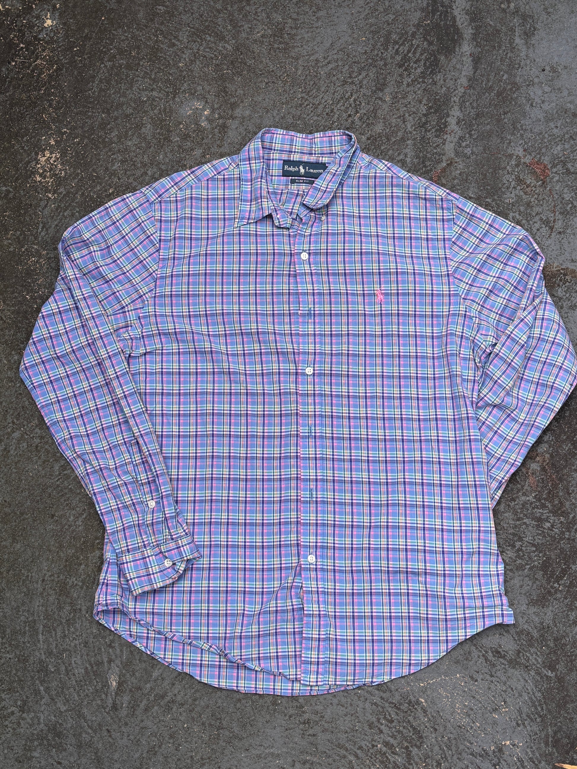 Vintage 90s Ralph Lauren Shirt Size L Multi Plaid Check Pink Pony Button-Up