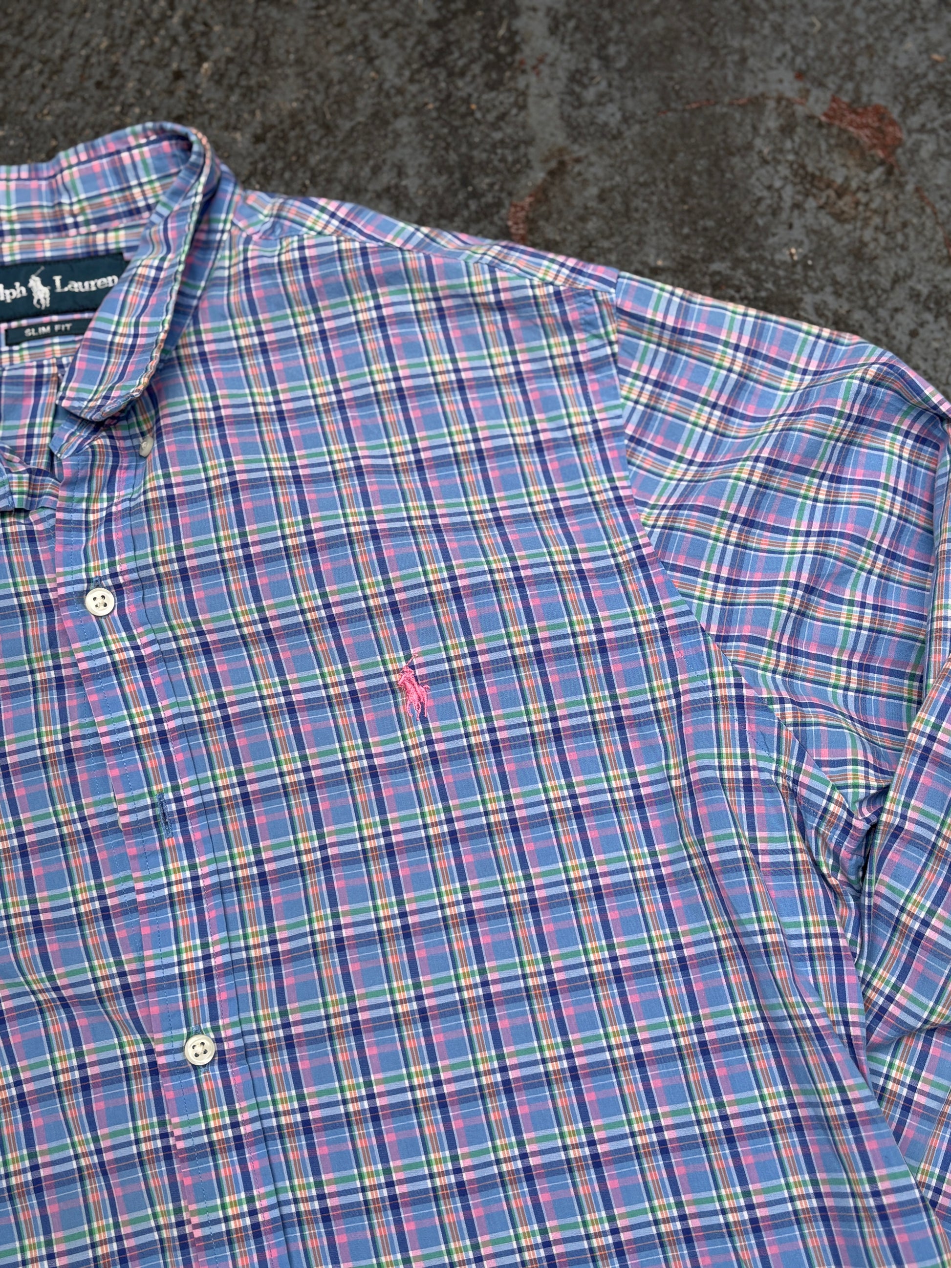 Vintage 90s Ralph Lauren Shirt Size L Multi Plaid Check Pink Pony Button-Up