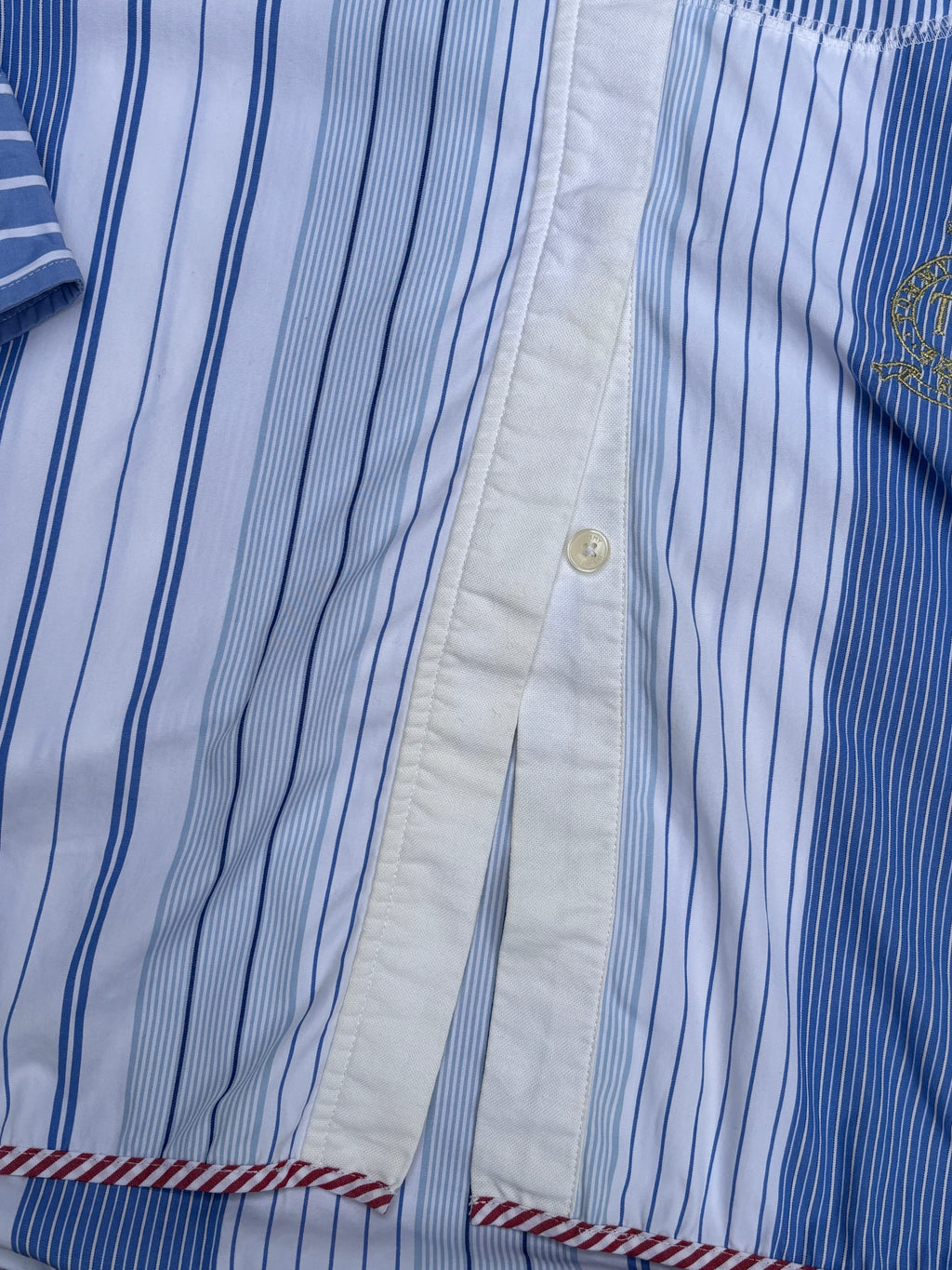 Tommy Hilfiger Shirt Womens M Blue White Down Stripe Mandarin Collar Embroidered Logo