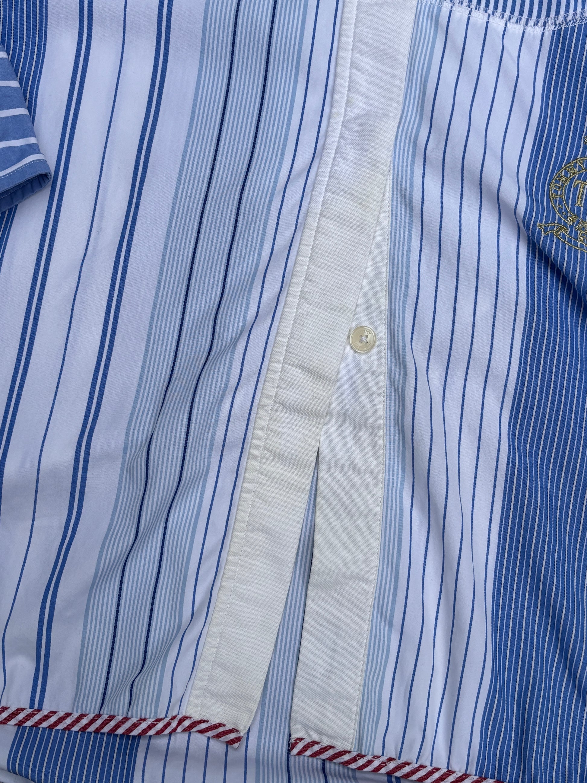 Tommy Hilfiger Shirt Womens M Blue White Down Stripe Mandarin Collar Embroidered Logo