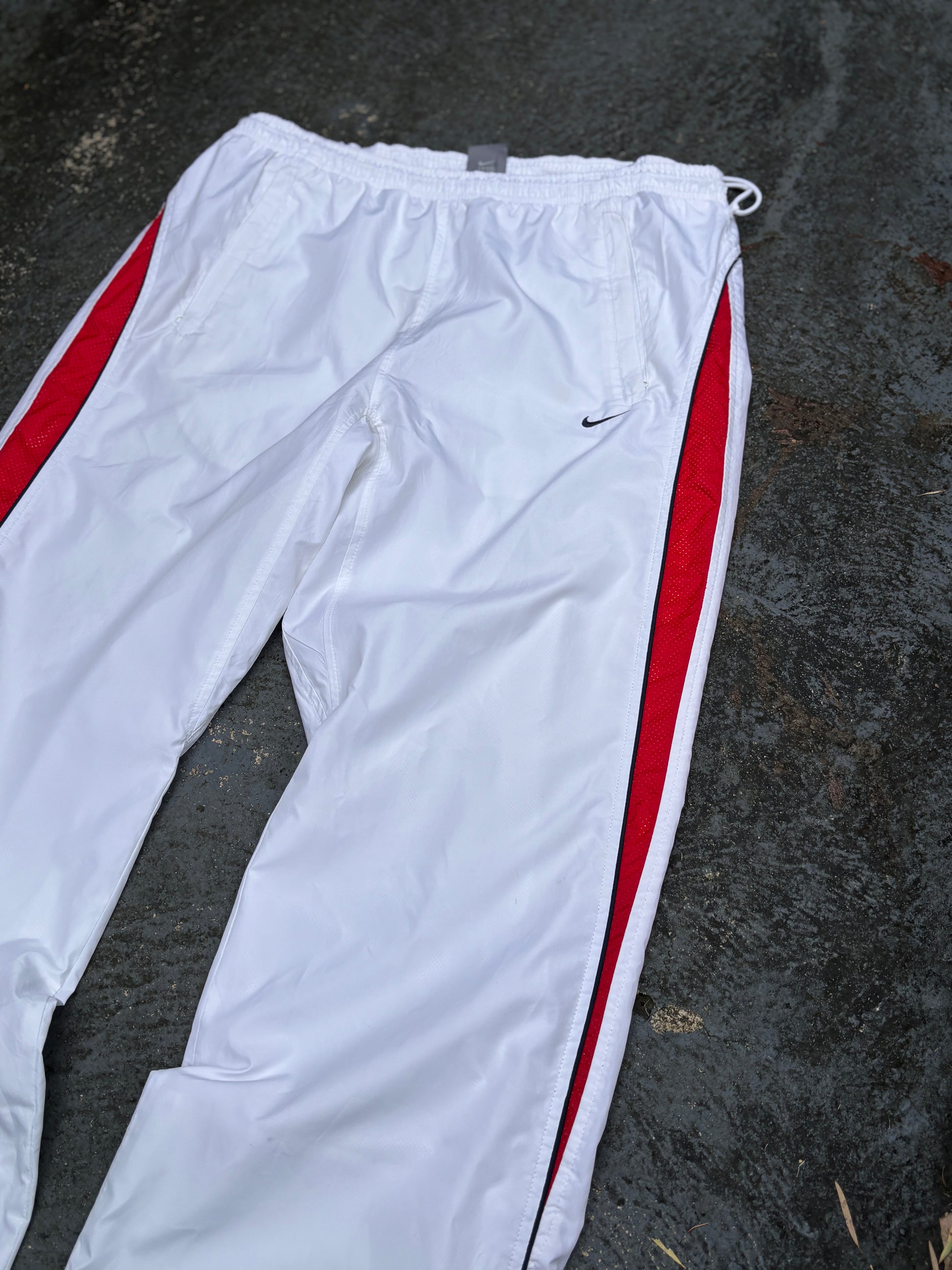 Vintage Y2K Nike Track Pants Size L White Red Detail Wide Leg Bungee Waist Ankle Zip