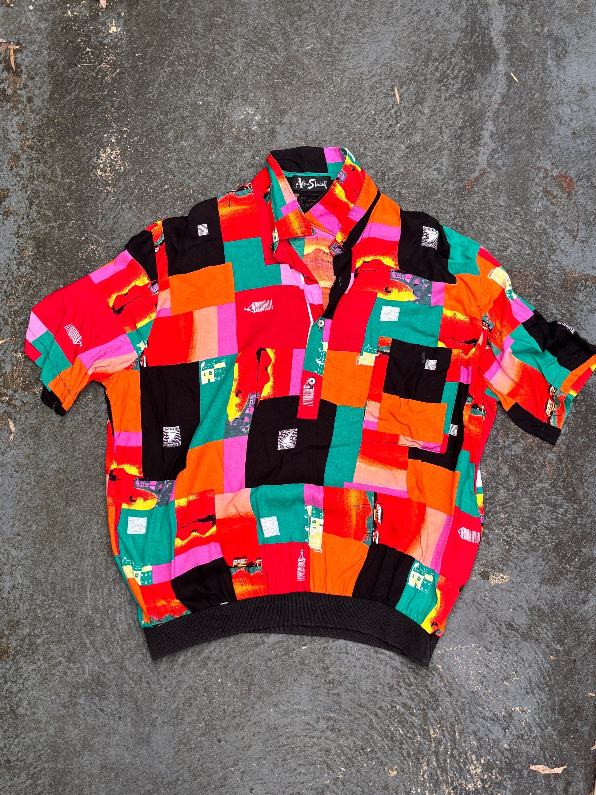 Vintage 70s Alan Stuart Shirt XL Multi All-Over Print Cuffed Waist Collard 1/4 Button