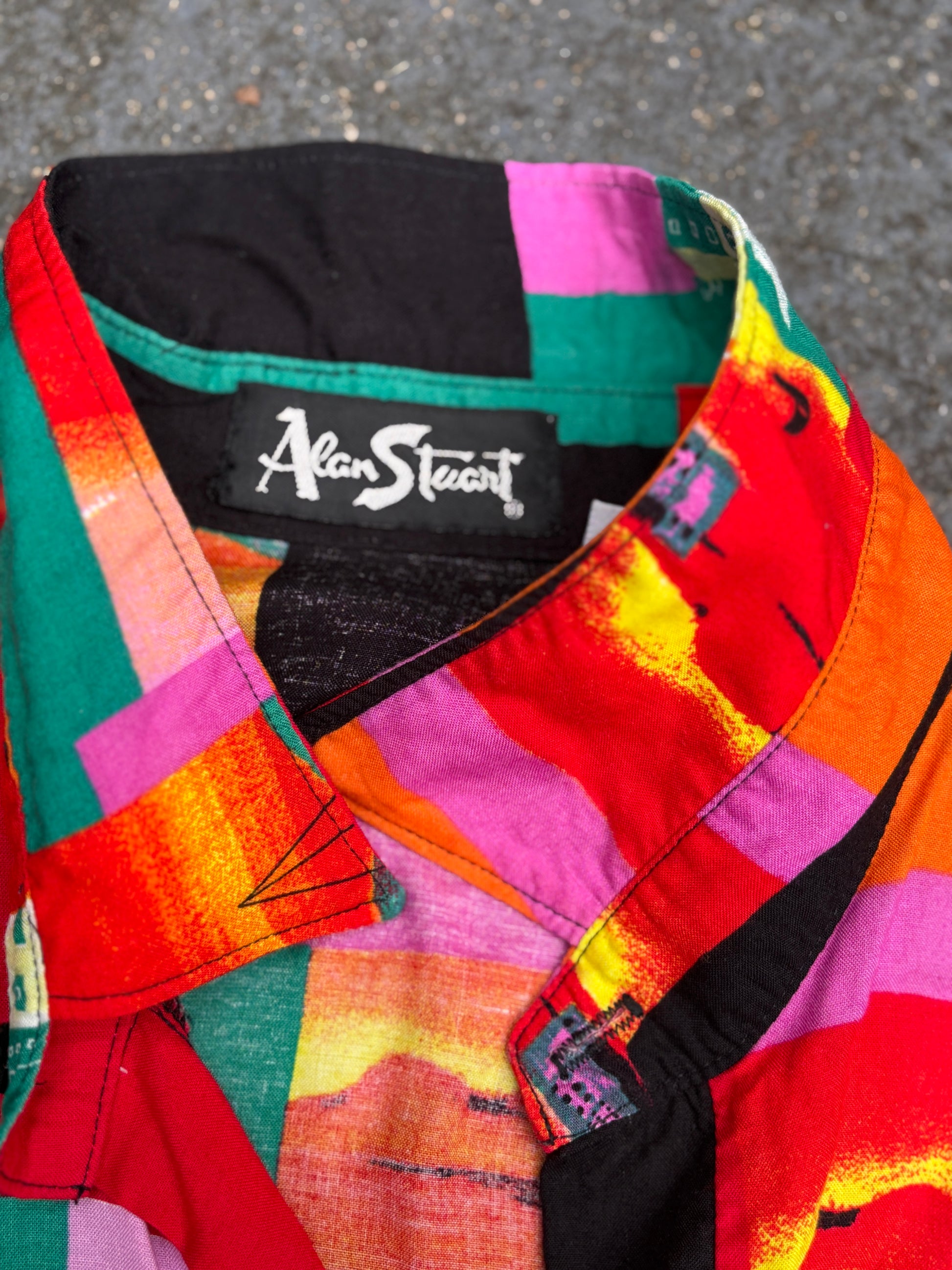 Vintage 70s Alan Stuart Shirt XL Multi All-Over Print Cuffed Waist Collard 1/4 Button