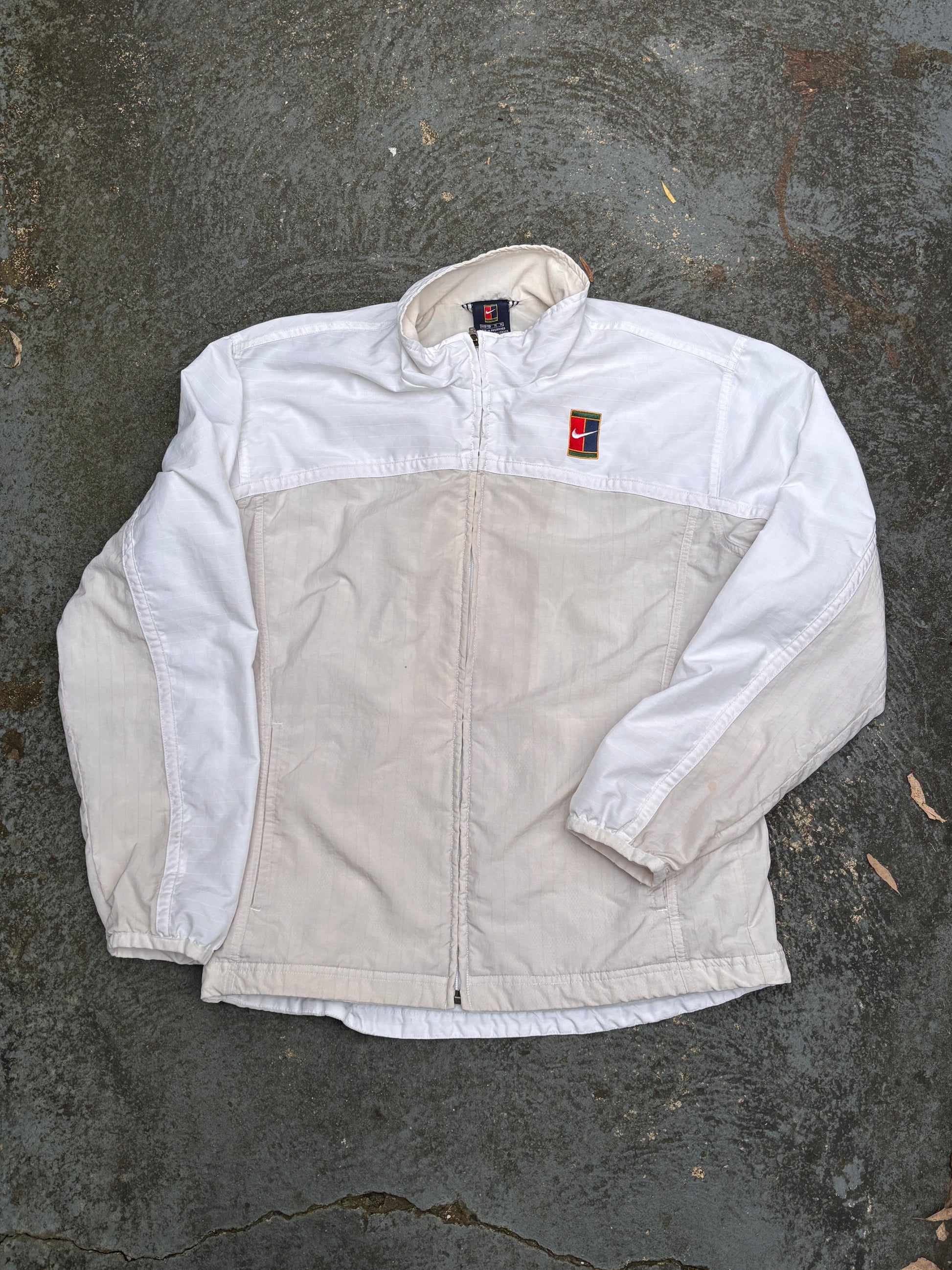 Vintage Y2K Nike Court Jacket Size M White Beige Chest Logo Full Zip Windbreaker