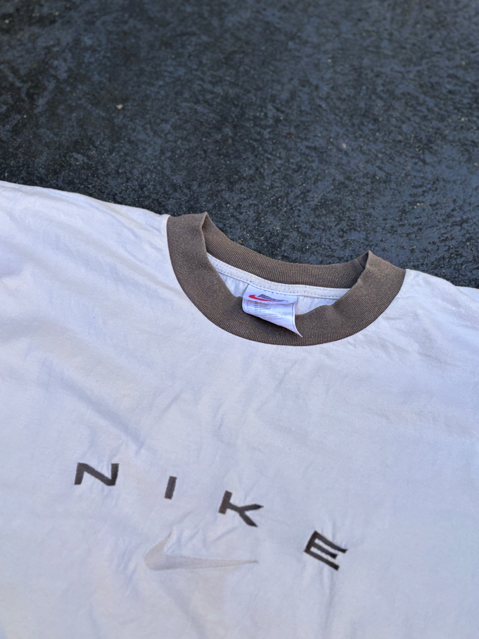 Vintage 90s Nike T-Shirt Size XXL Beige Ringer Tee Centre Spell Out Swoosh Logo