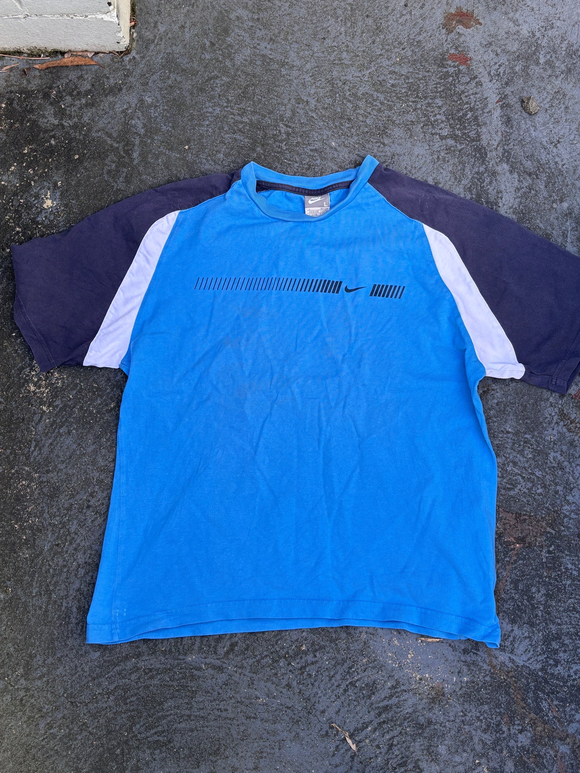 Vintage Y2K Nike T-Shirt Size L Blue Two-Tone Front Swoosh Graphic