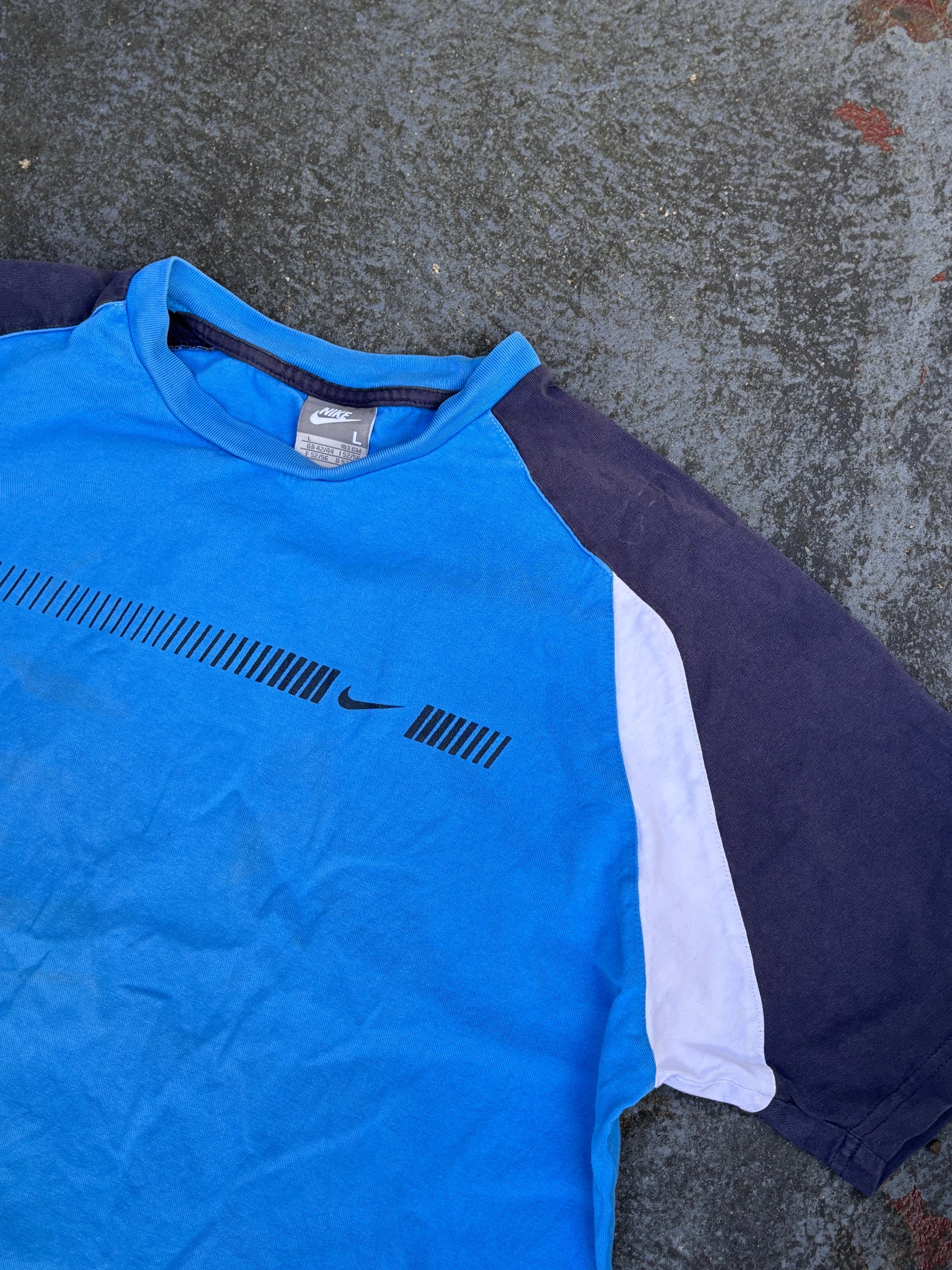 Vintage Y2K Nike T-Shirt Size L Blue Two-Tone Front Swoosh Graphic