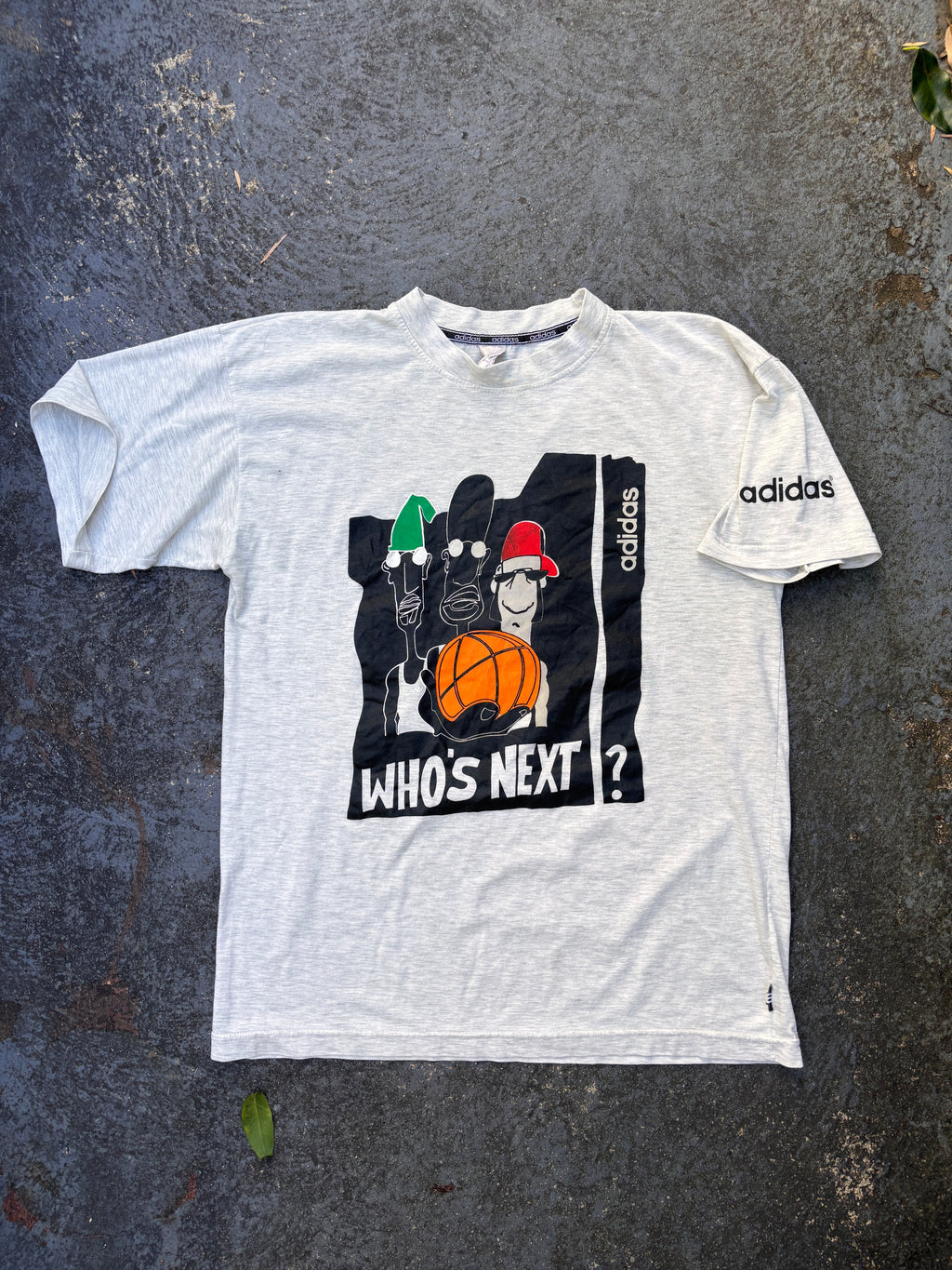 Vintage 90s Adidas T-Shirt Size M Grey Whos Next Basketball Front Graphic