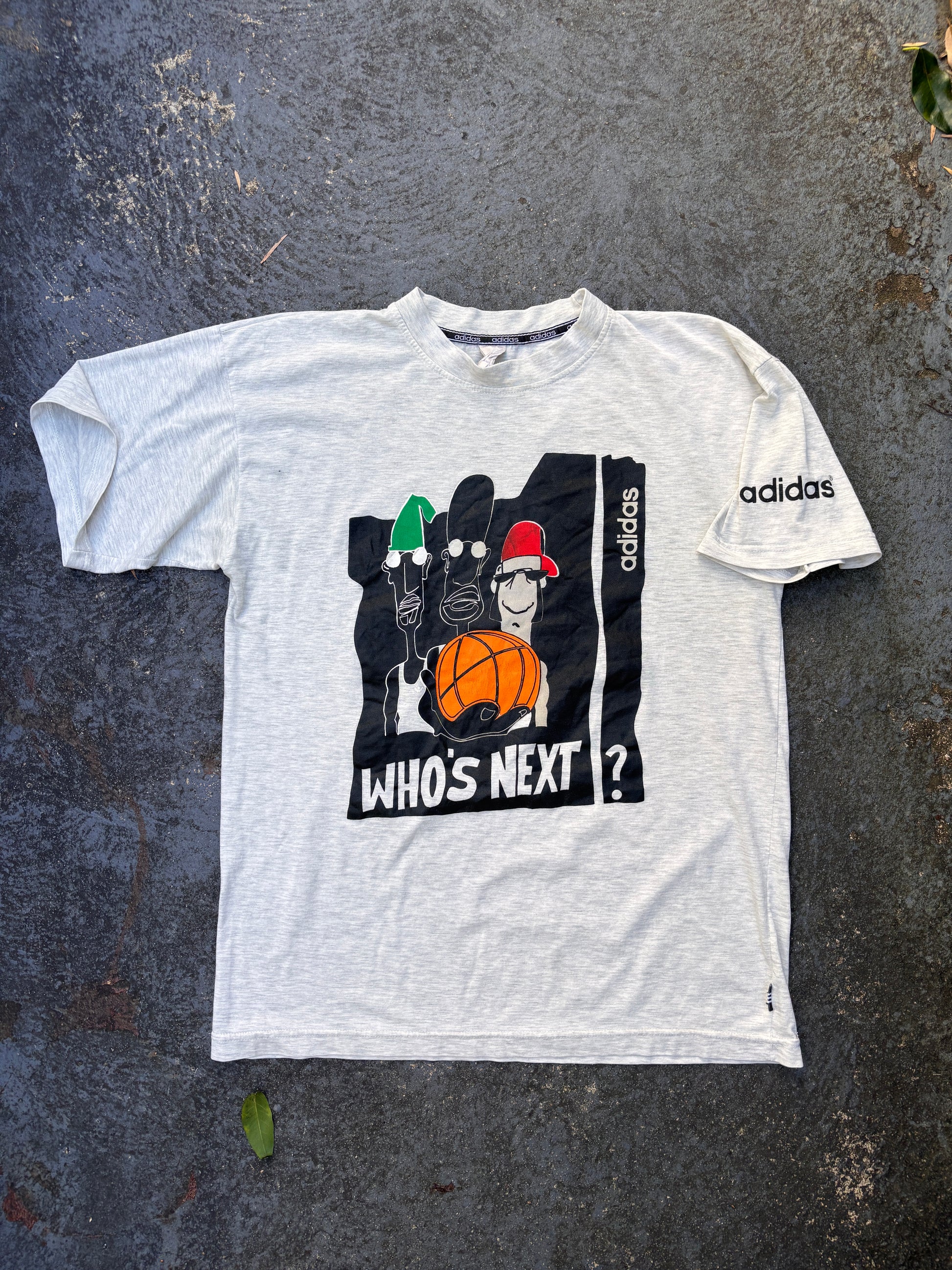 Vintage 90s Adidas T-Shirt Size M Grey Whos Next Basketball Front Graphic