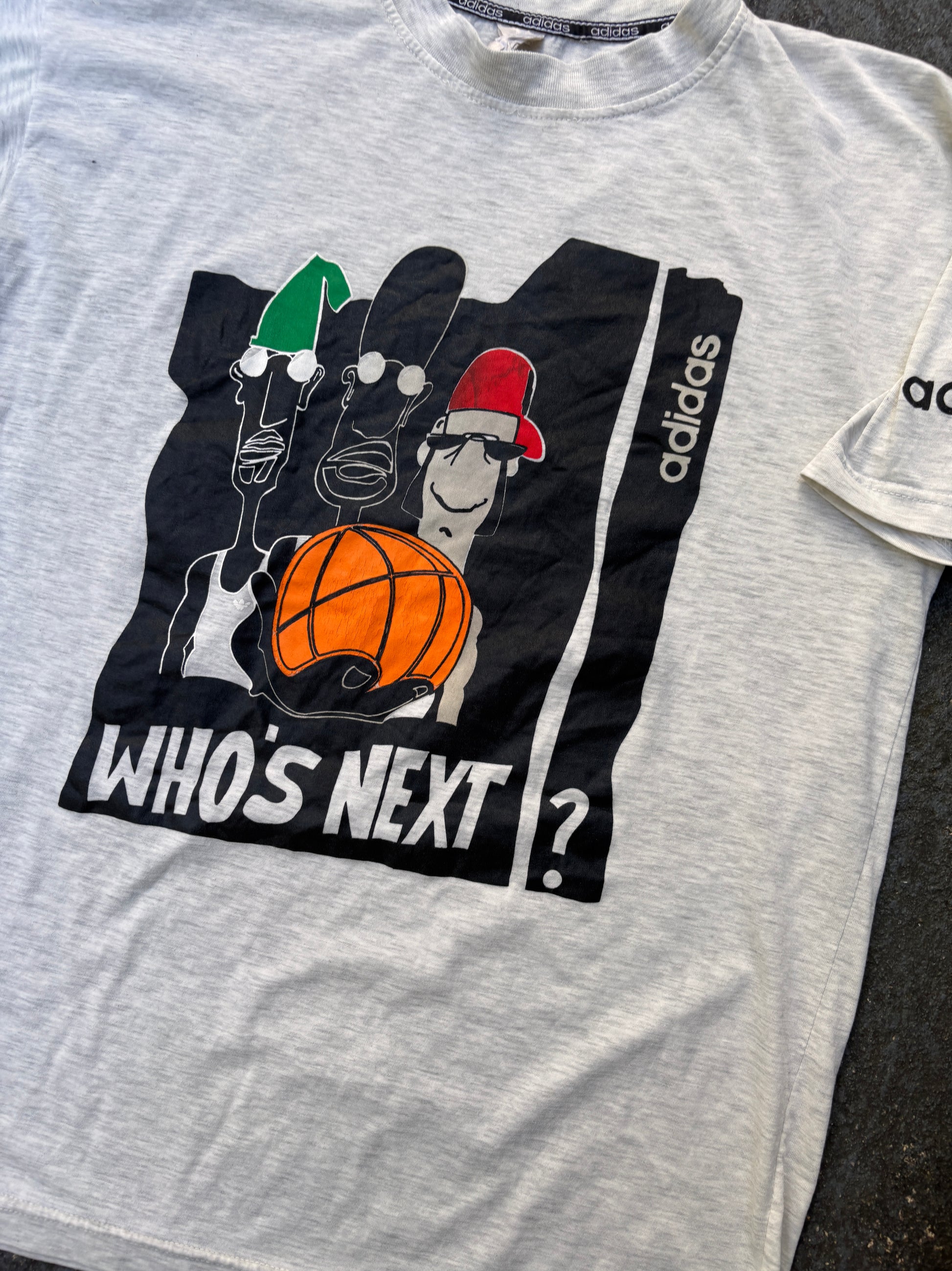 Vintage 90s Adidas T-Shirt Size M Grey Whos Next Basketball Front Graphic