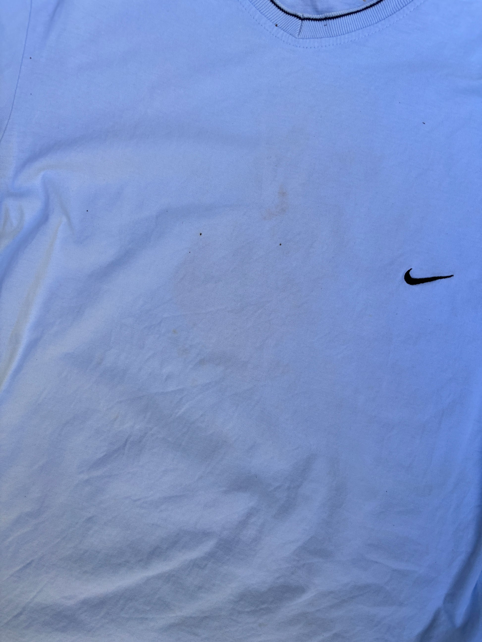 Vintage Y2K Nike T-Shirt Size L Light Blue V-Neck Embroidered Chest Swoosh
